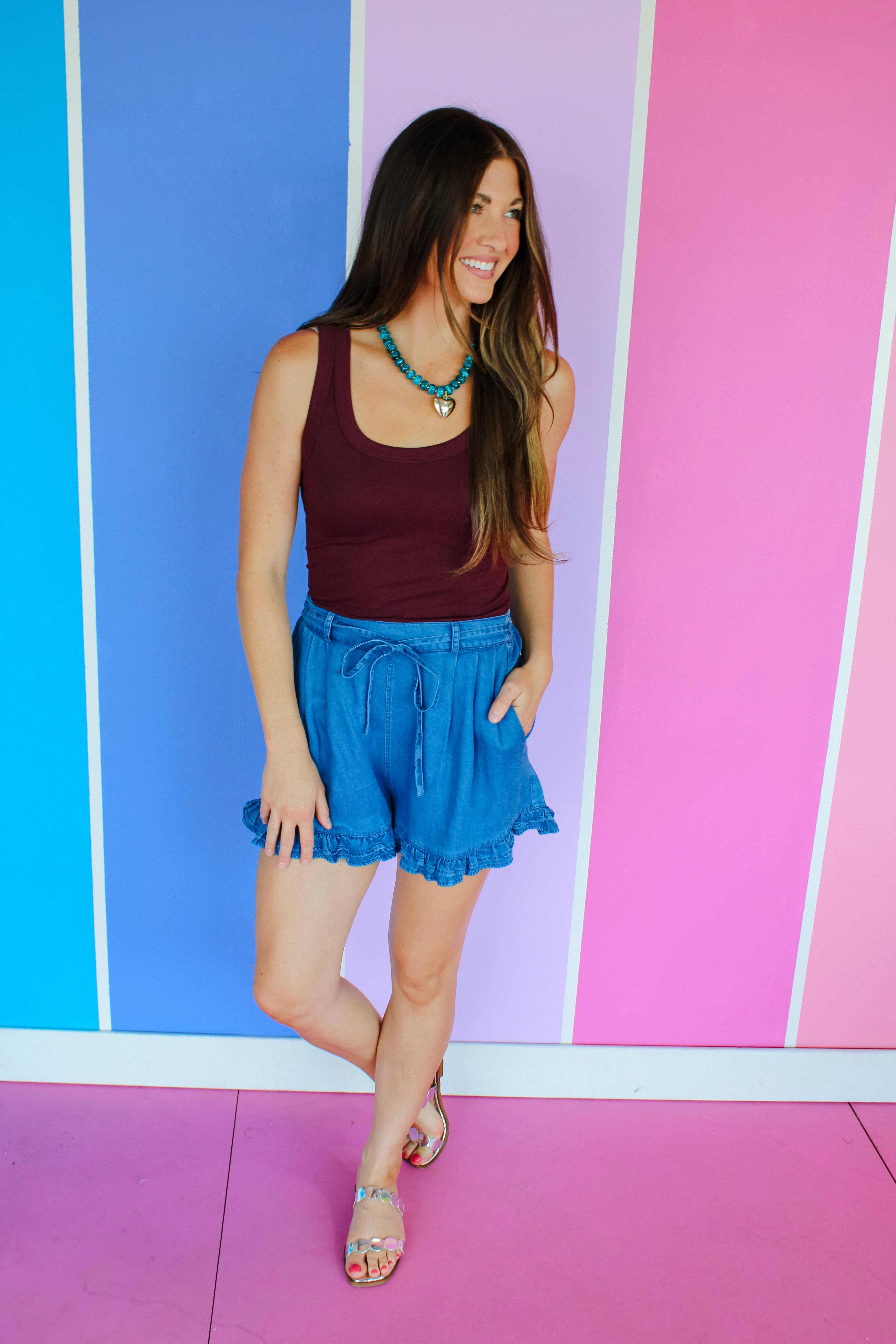 Easy Living Ruffle Hem Shorts - Medium Wash
