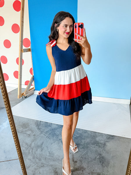blue and red mini dress Sail to Sable Red, White & Blue Ric-Rac Button Front Mini Dress NAVY/MULTI / XXS / SU25STW10