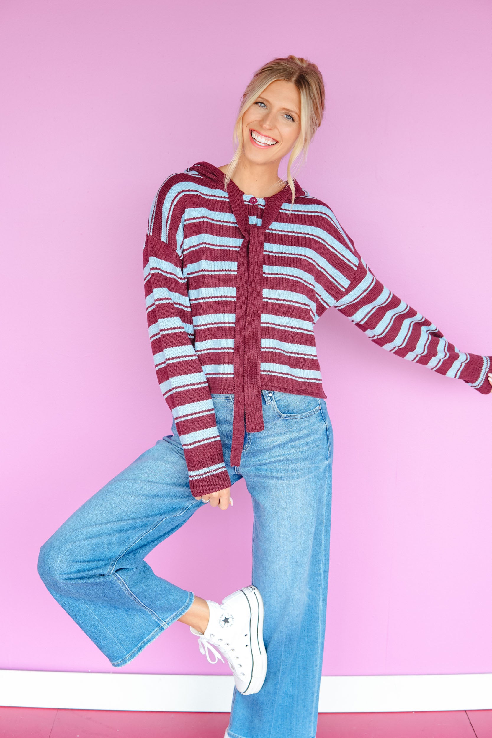 Reese Striped Hooded Sweater - Burgundy + Sky Blue