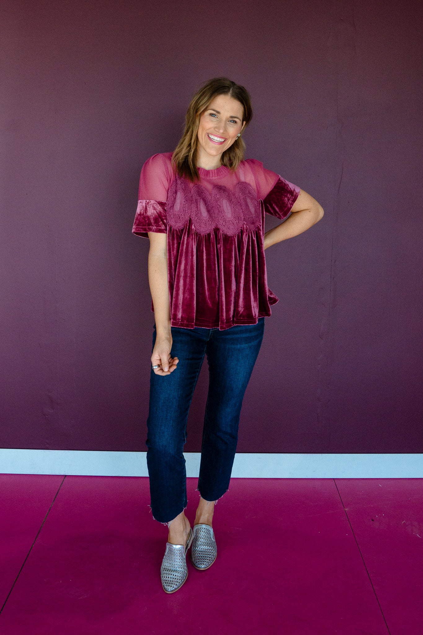 Minette Velvet Babydoll Top - Plum