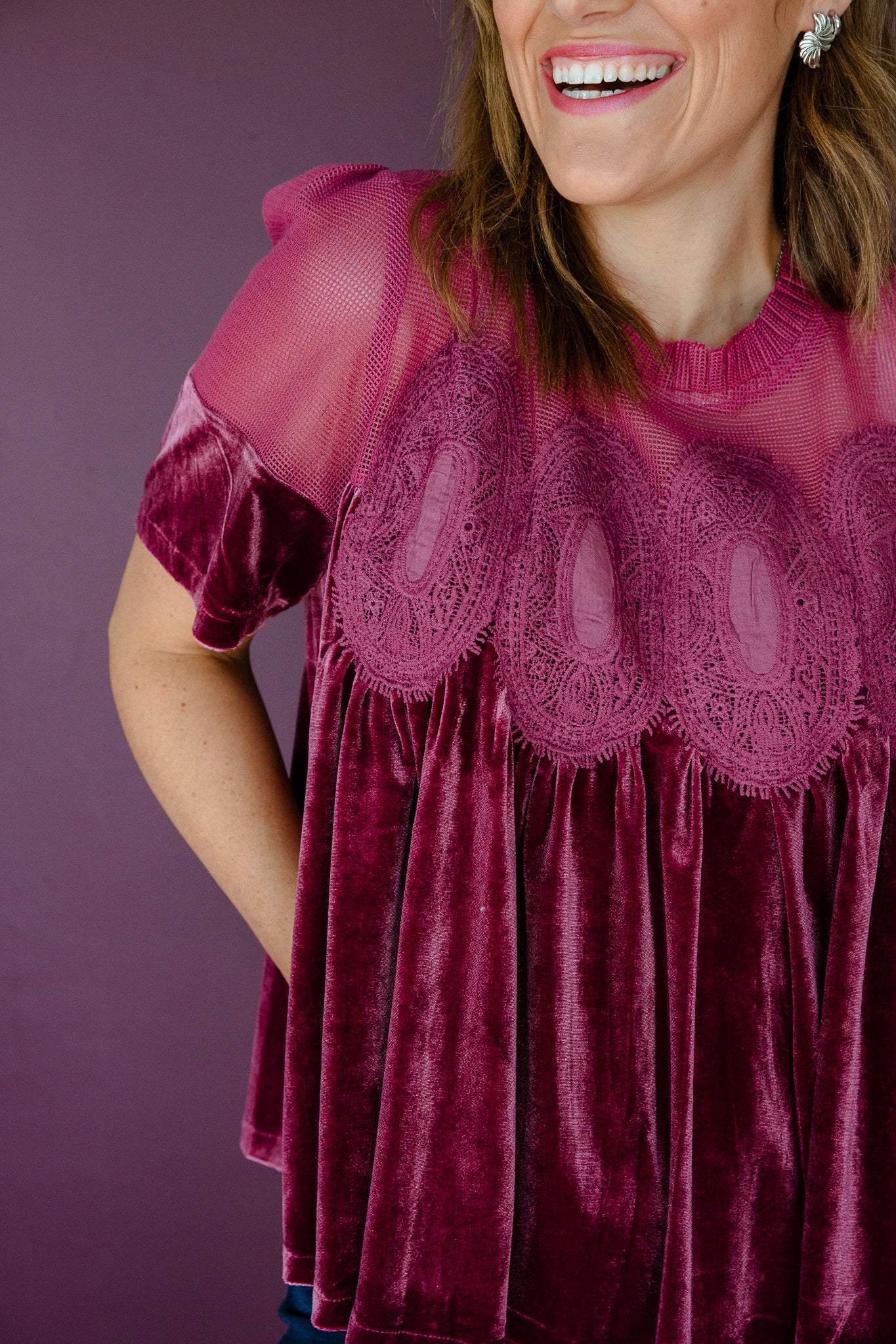 Minette Velvet Babydoll Top - Plum