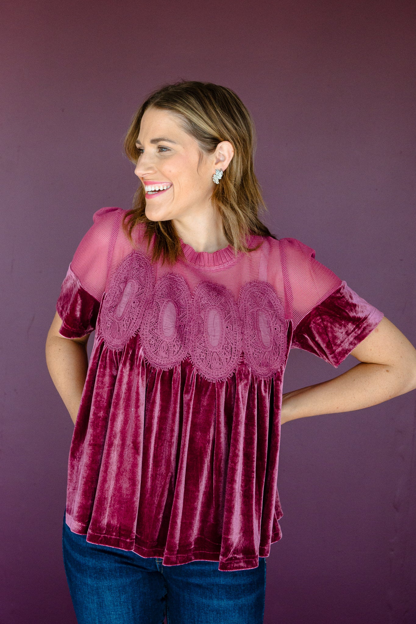 Minette Velvet Babydoll Top - Plum