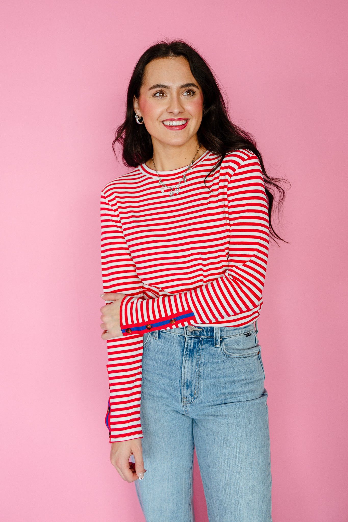 Rylie Striped Long Sleeve Top - True Red + White + Bright Navy