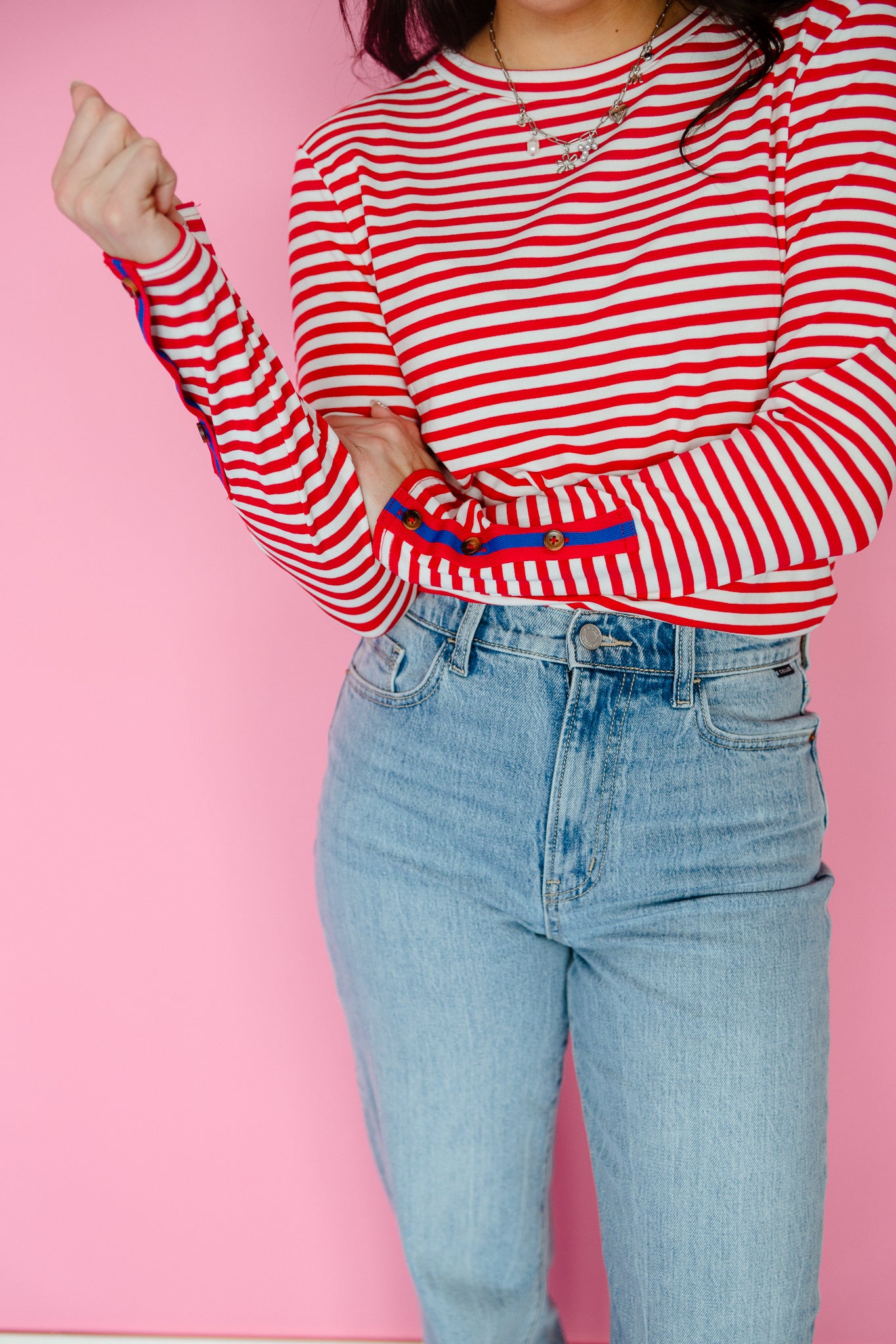Rylie Striped Long Sleeve Top - True Red + White + Bright Navy