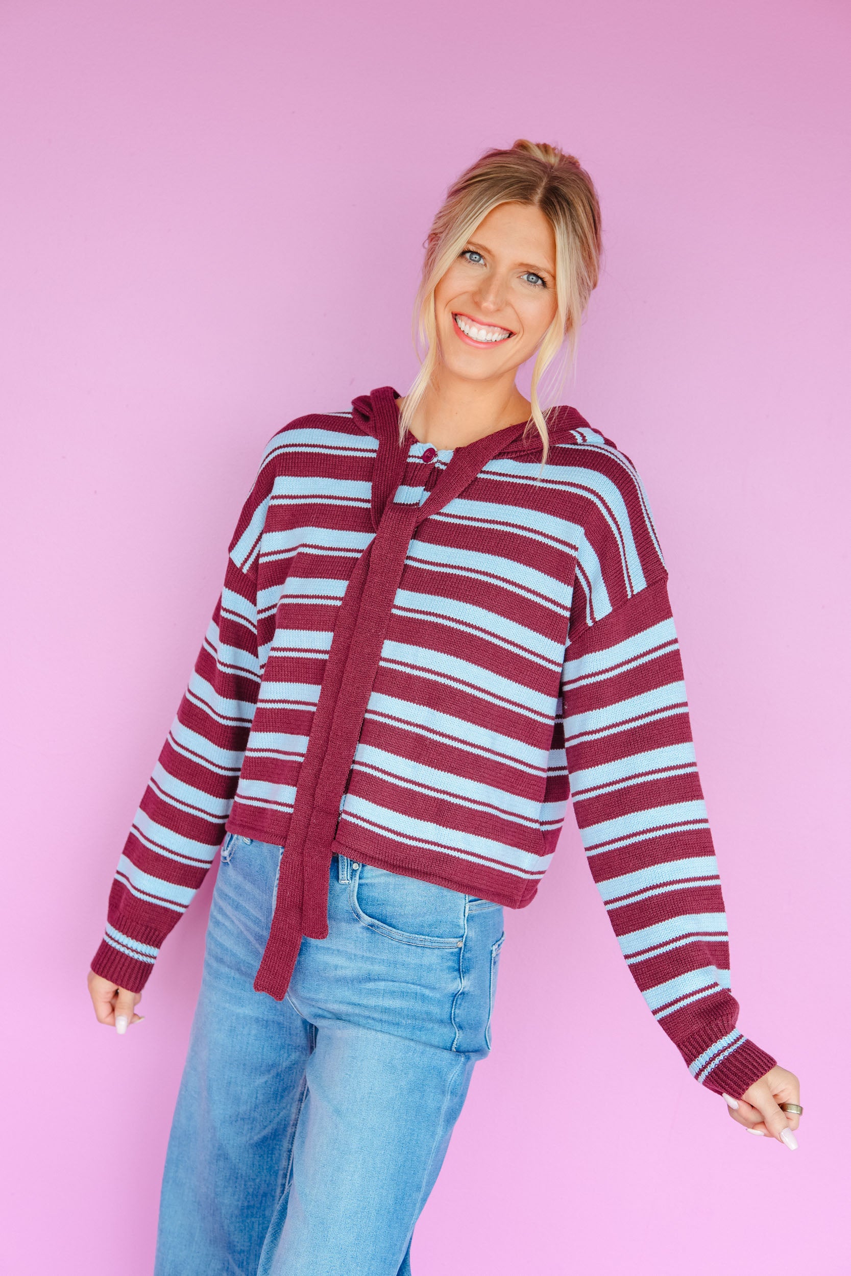Reese Striped Hooded Sweater - Burgundy + Sky Blue