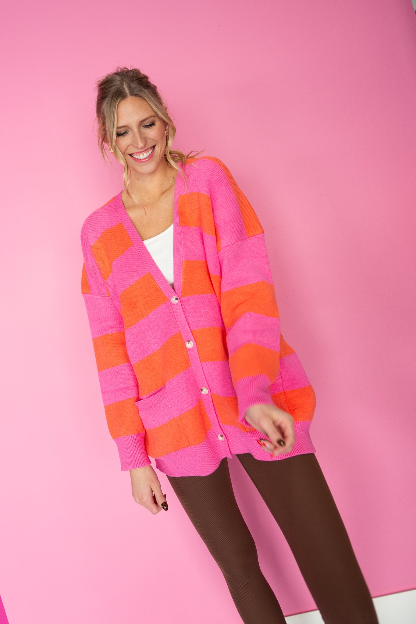 Tenley Striped Oversized Cardigan - Tangerine + Shocking Pink