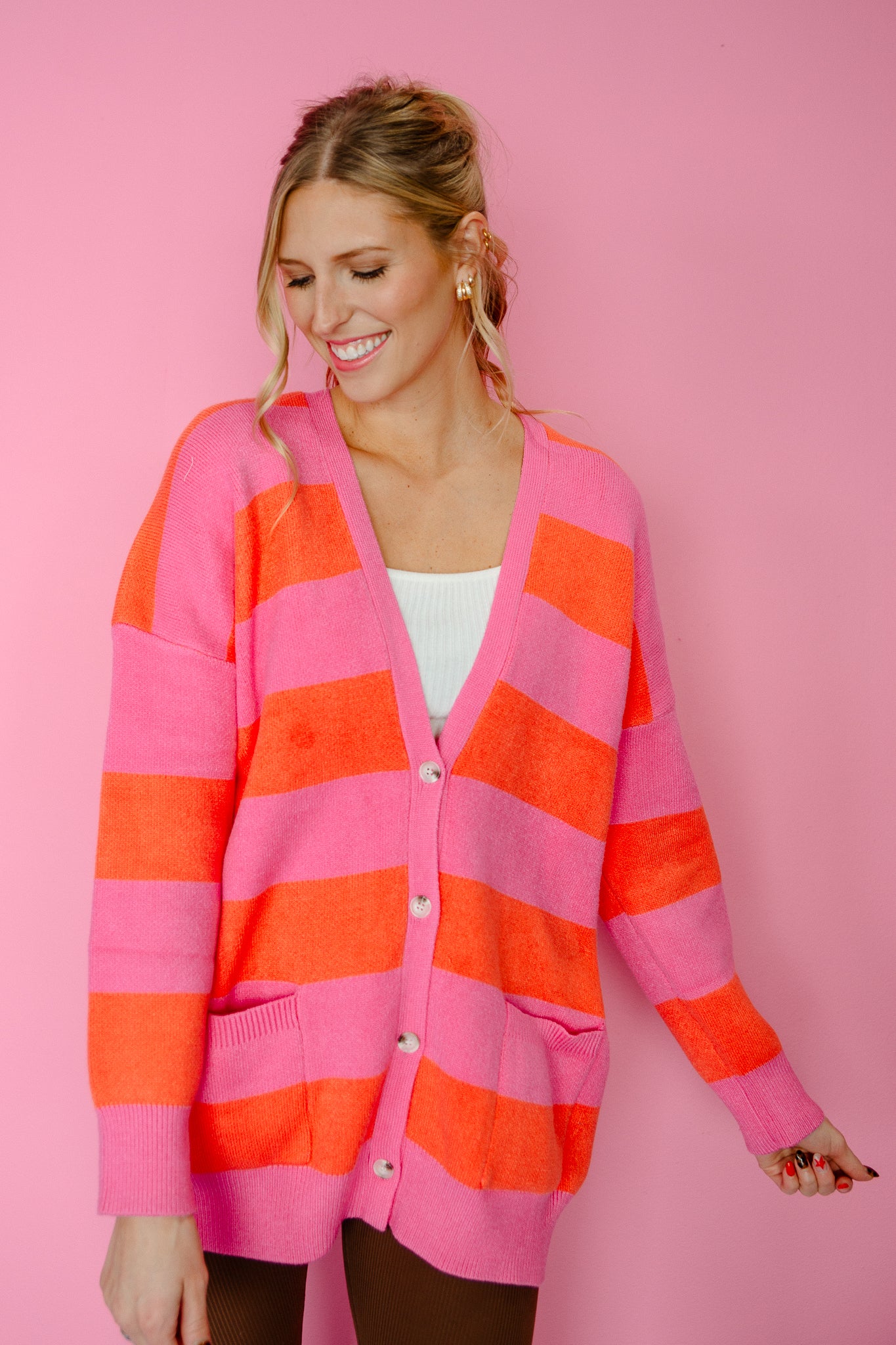 Tenley Striped Oversized Cardigan - Tangerine + Shocking Pink