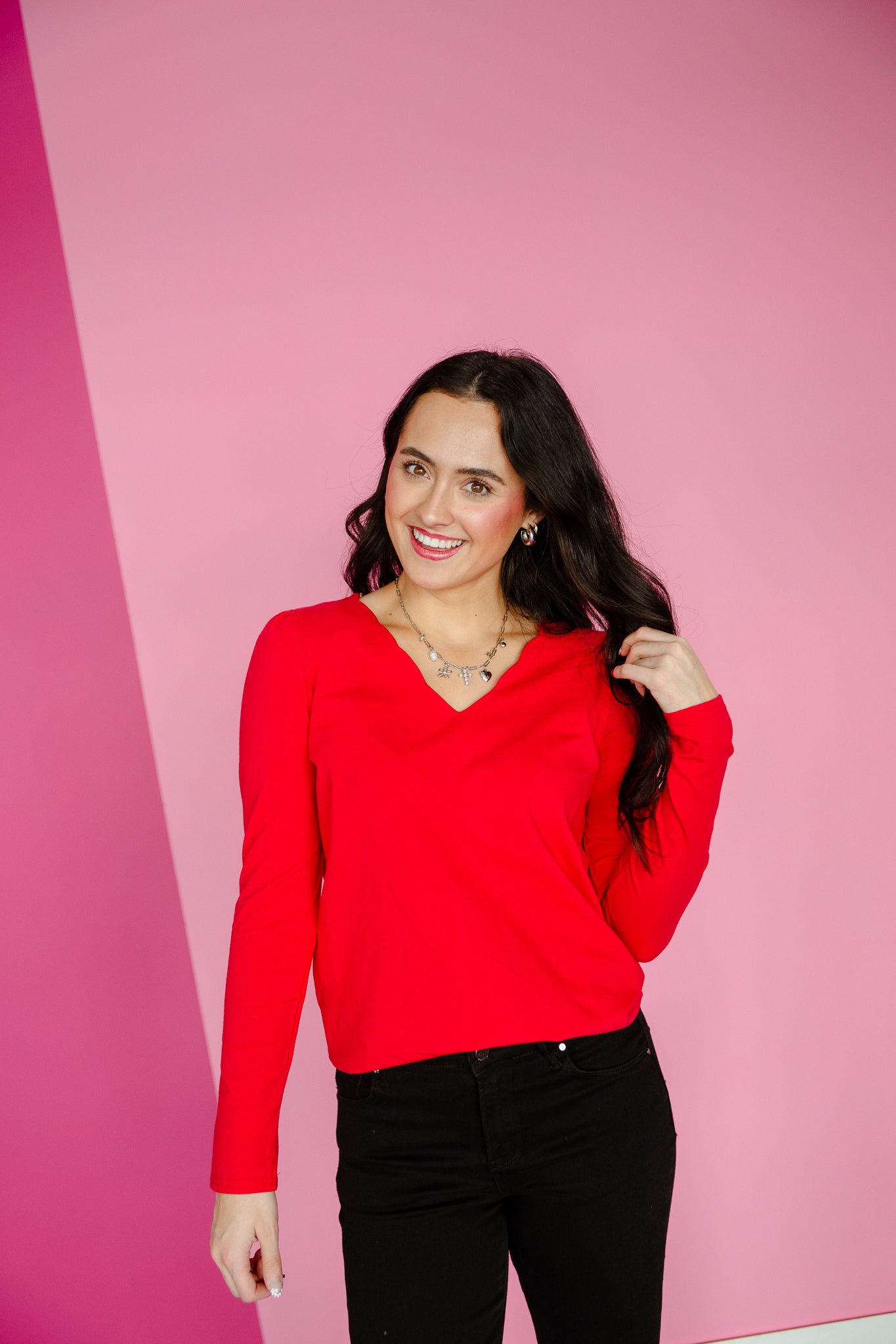 Jackie Scalloped Neck Top - True Red