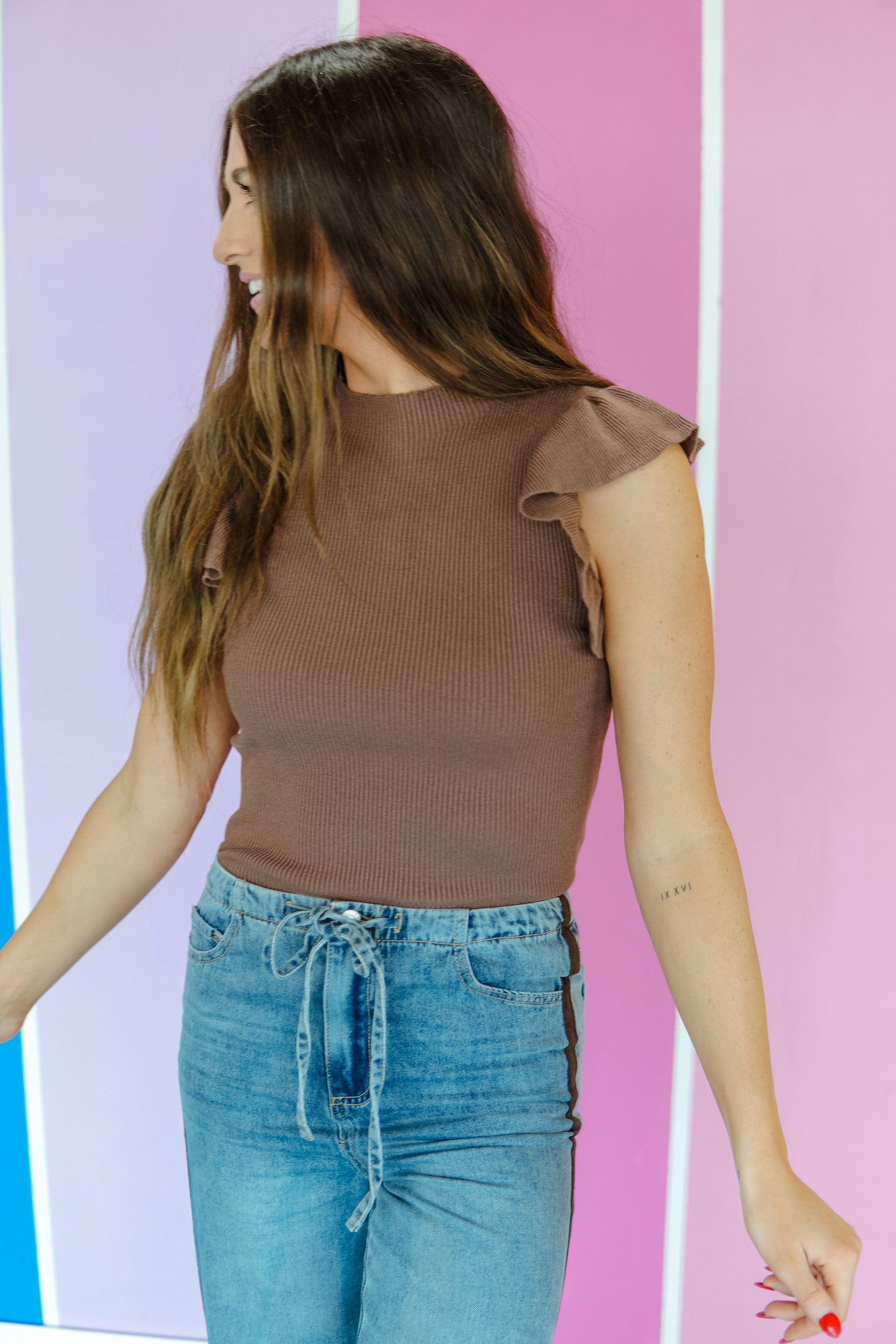 Leslie Ruffle Sleeve Ribbed Sweater