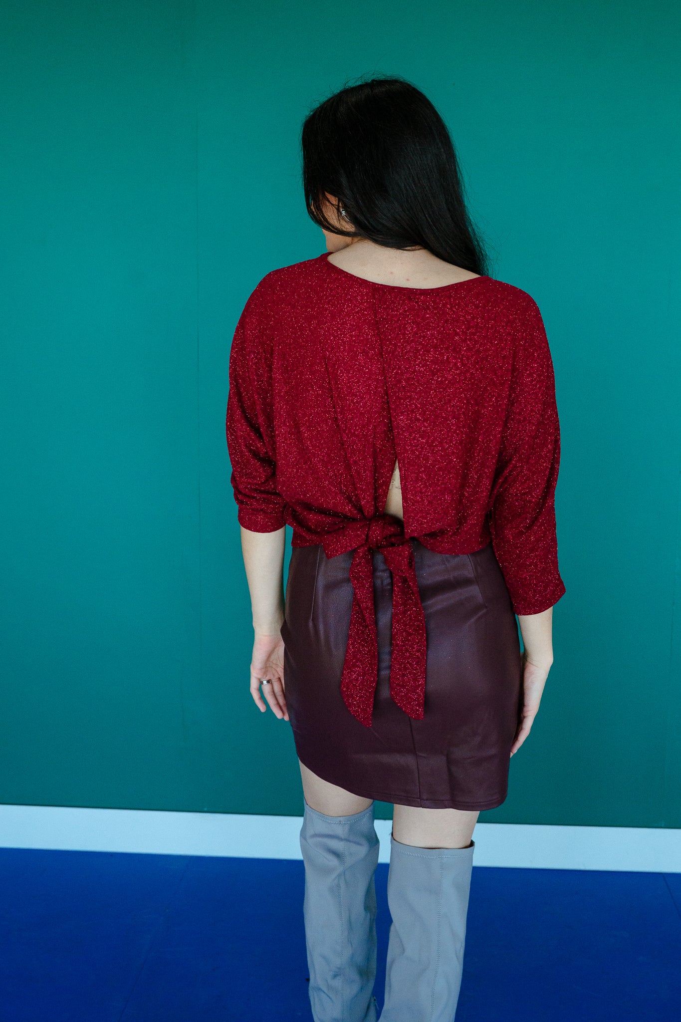 Ezra Open Back Lurex Top - Burgundy