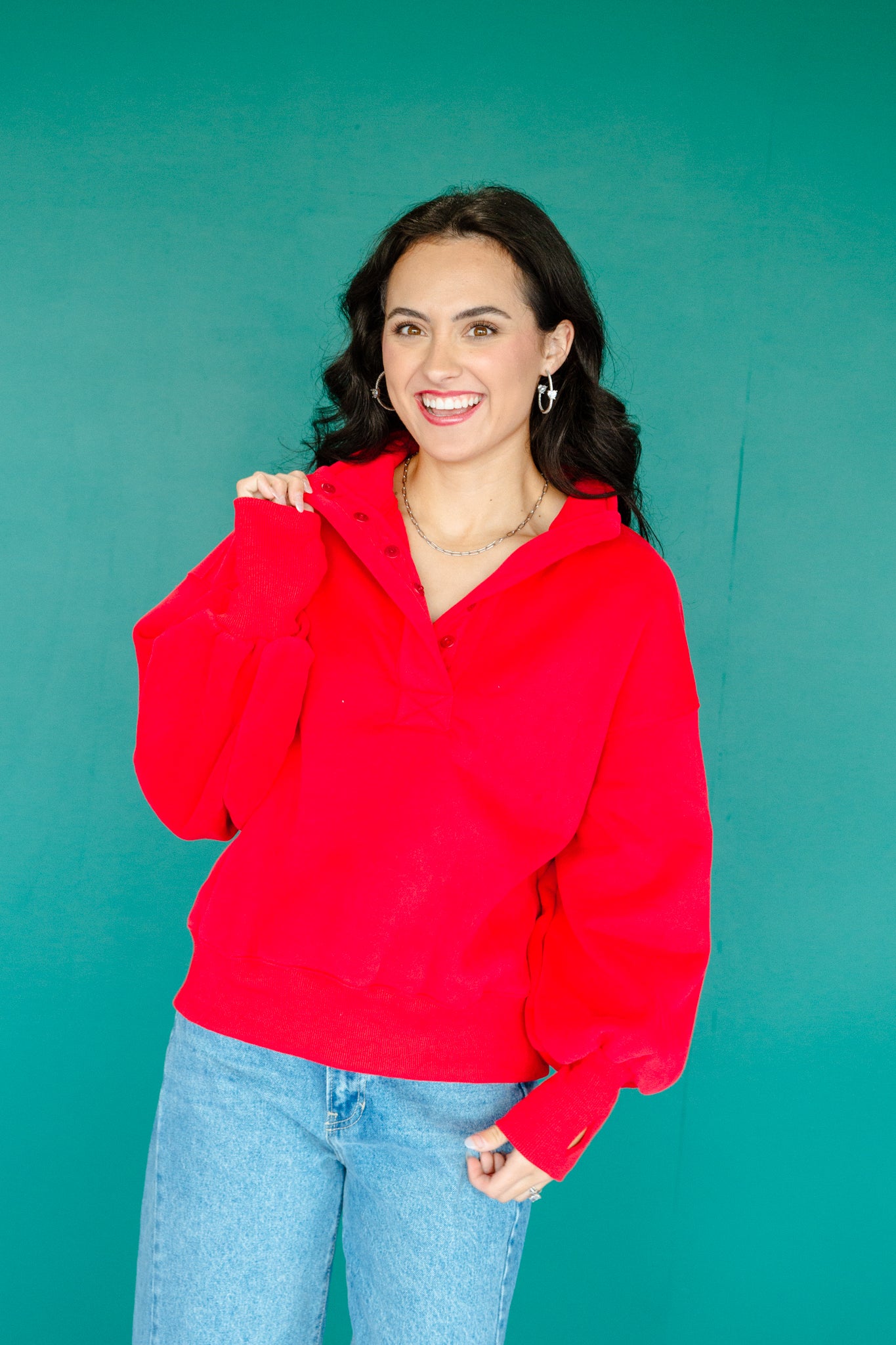 Izzy Button Pullover - True Red