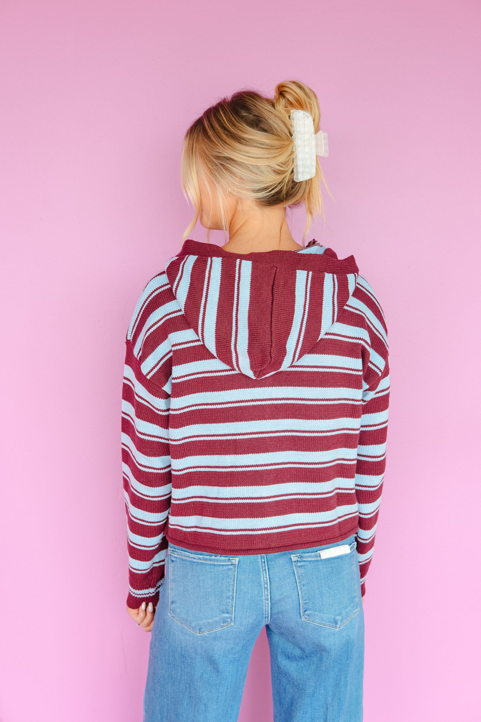 Reese Striped Hooded Sweater - Burgundy + Sky Blue