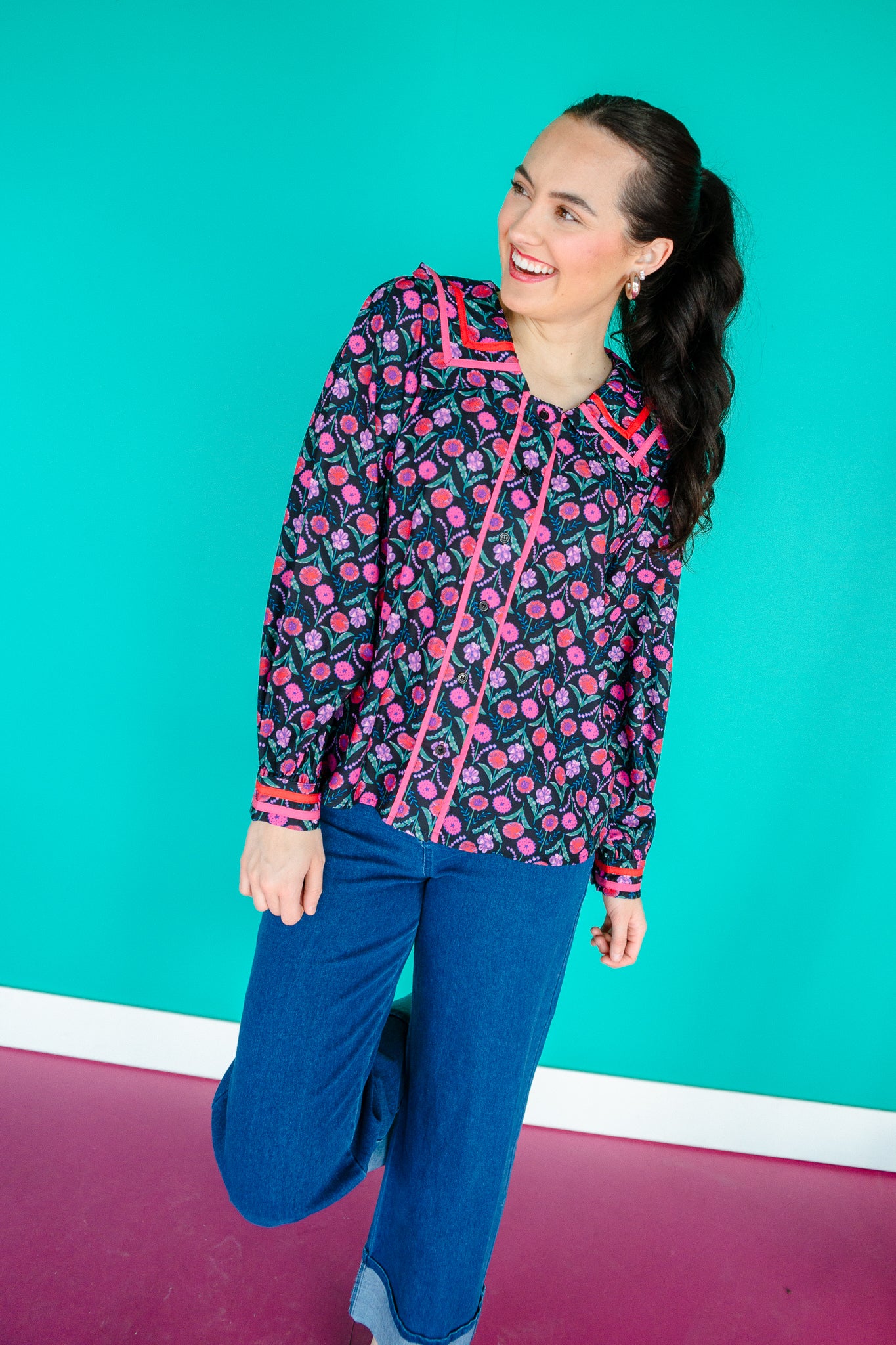 Pamela Collard Button Blouse - Black + Raspberry