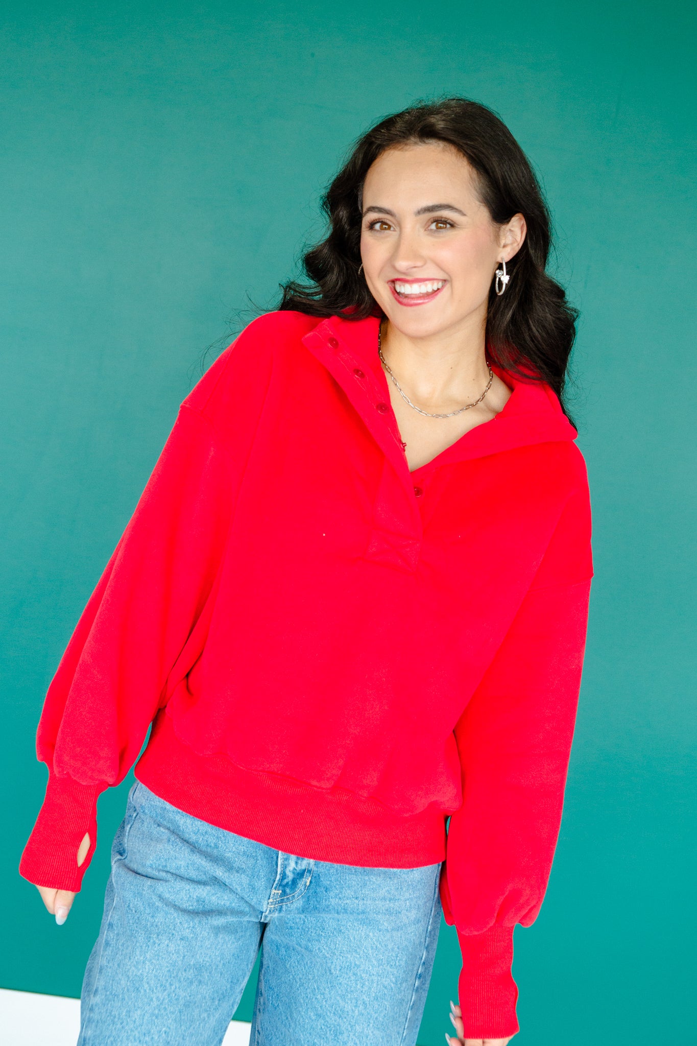 Izzy Button Pullover - True Red
