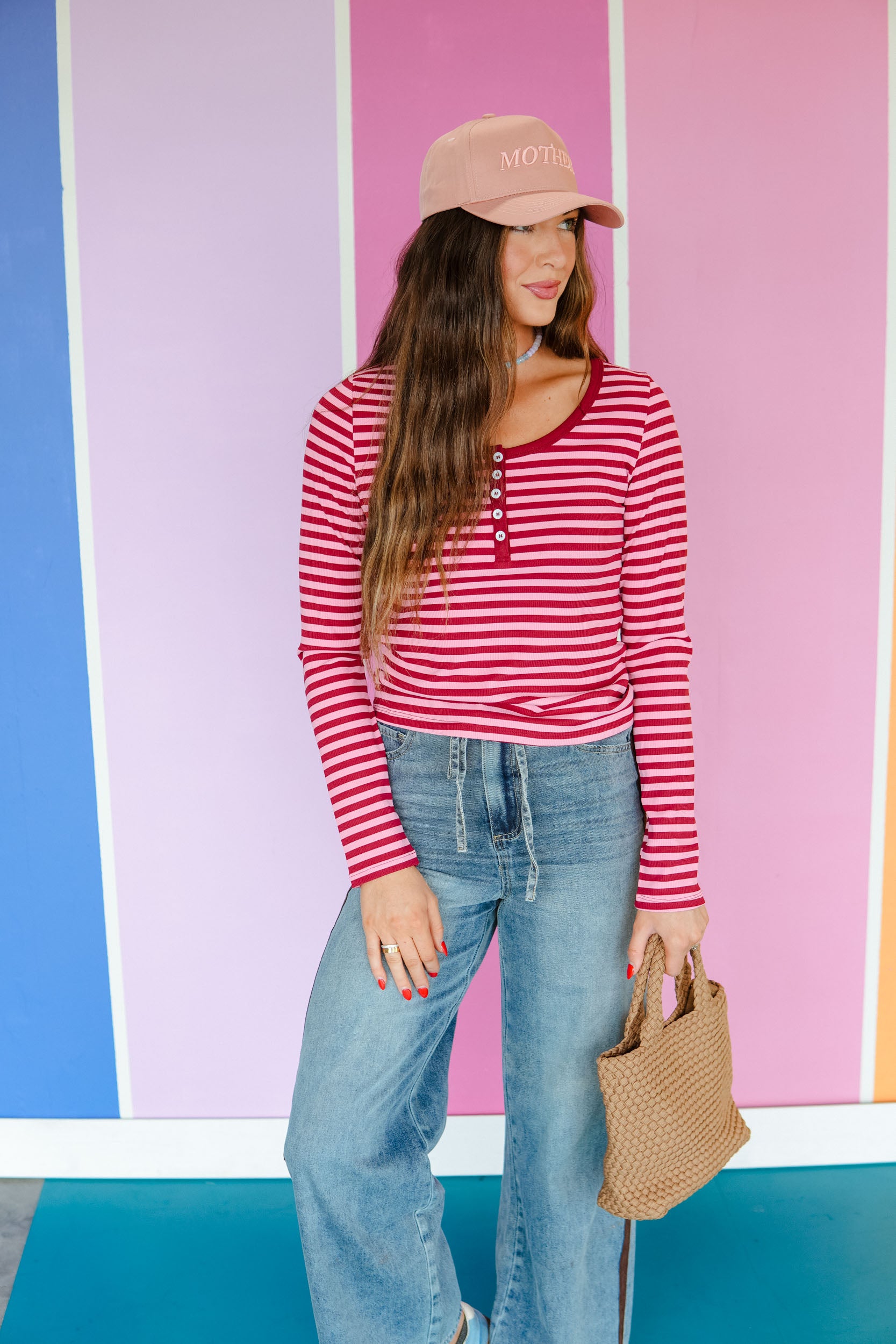 Autumn Avenue Striped Henley - Burgundy + Pink