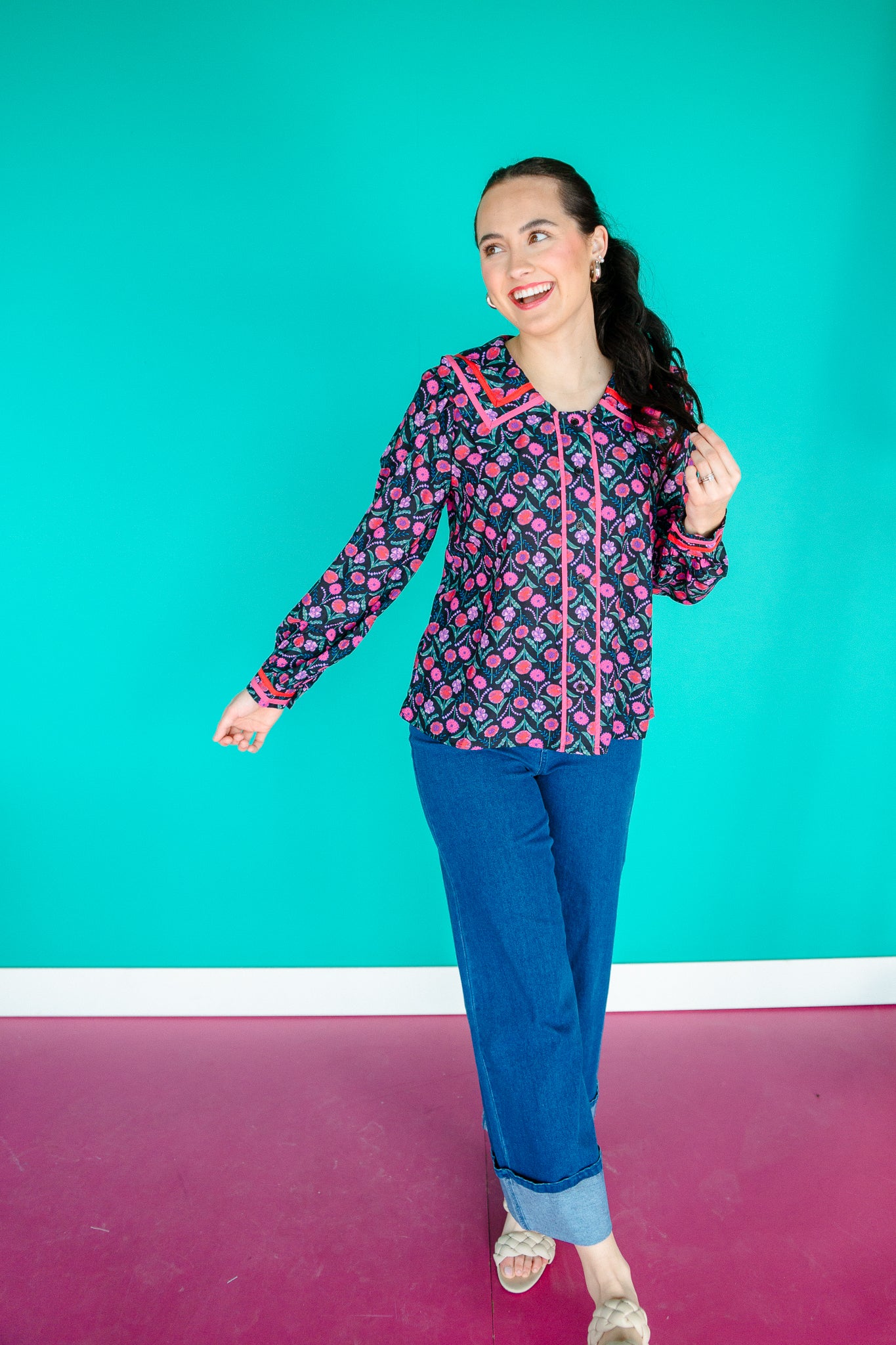 Pamela Collard Button Blouse - Black + Raspberry