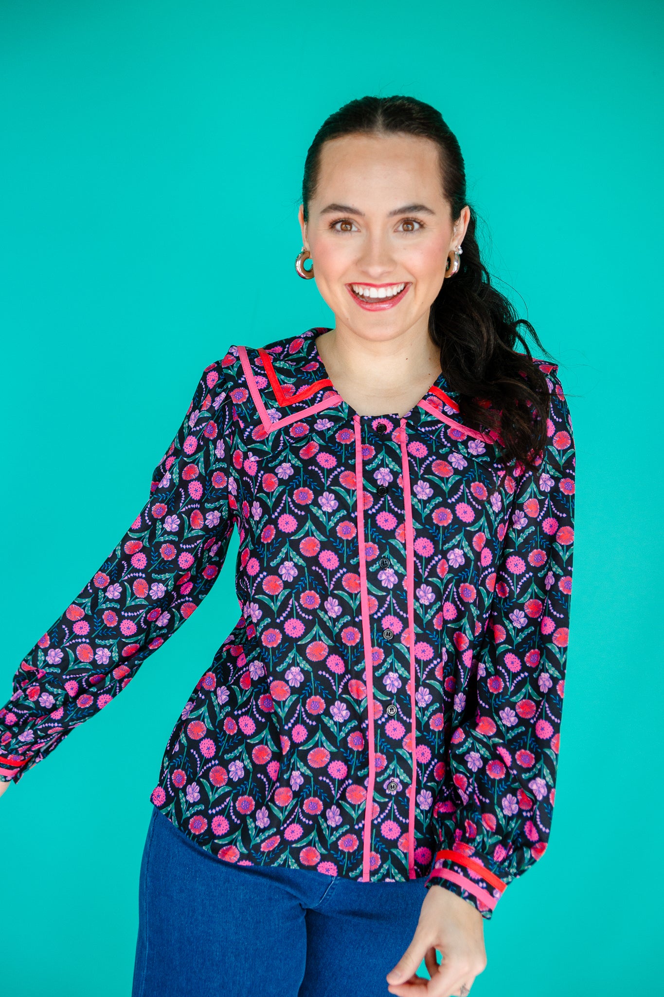 Pamela Collard Button Blouse - Black + Raspberry