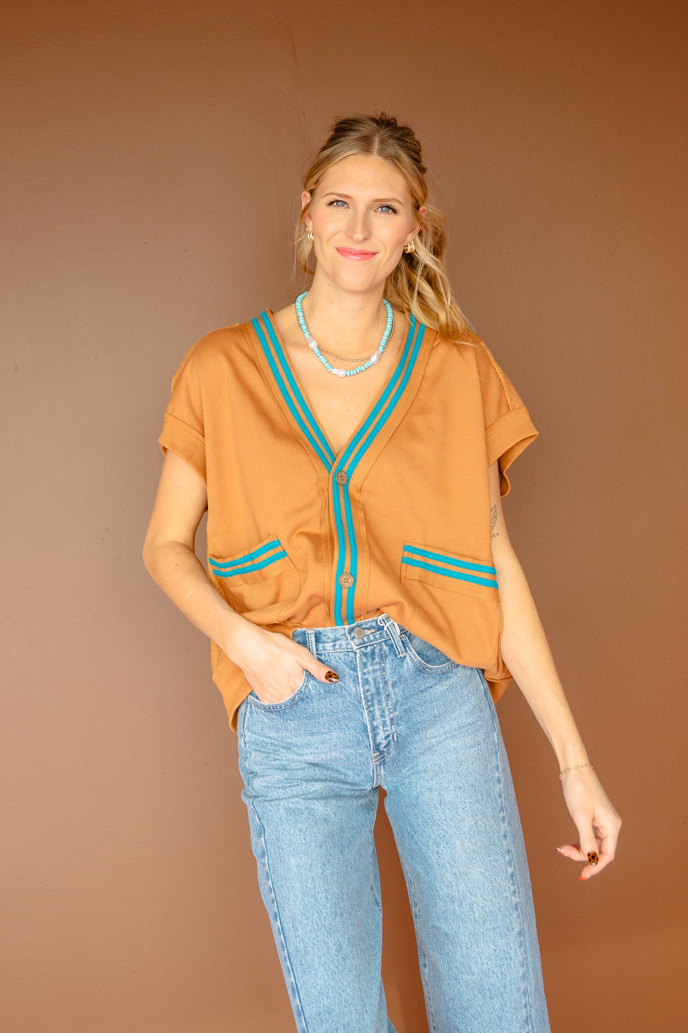 Jessica Oversized Button Down Vest - Cinnamon + Turqouise