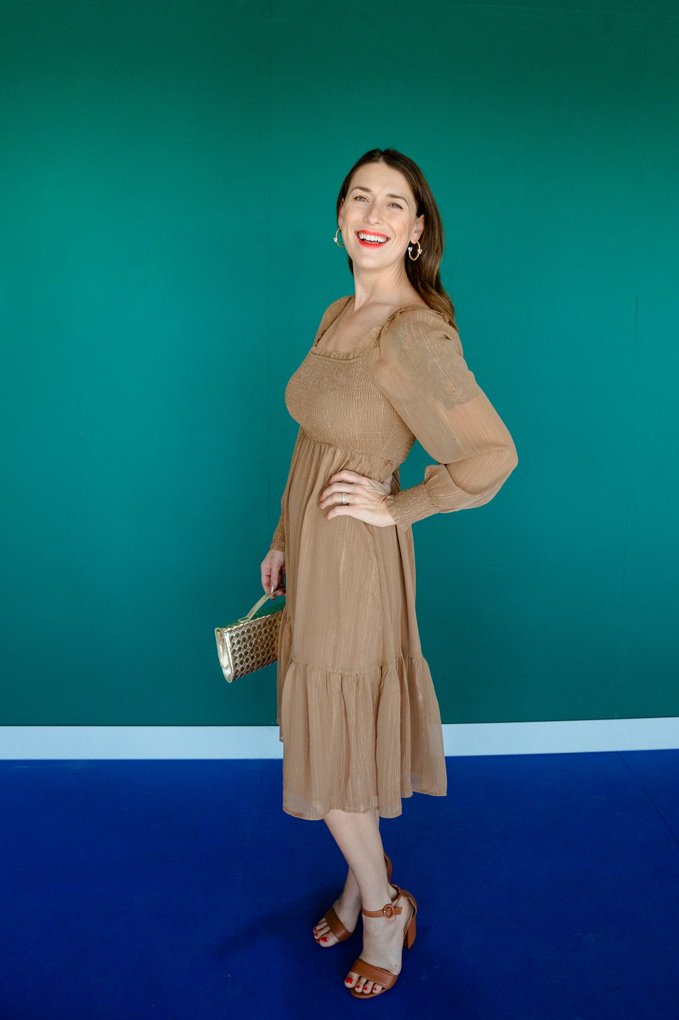 Alecia Smocked Midi Dress - Coffee + Gold