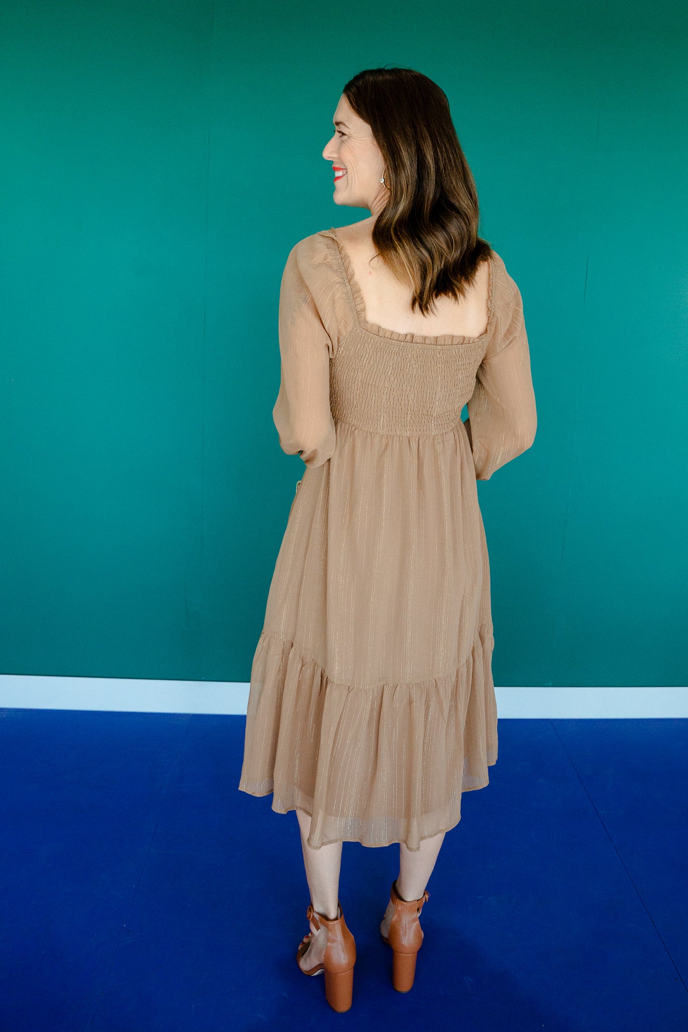 Alecia Smocked Midi Dress - Coffee + Gold