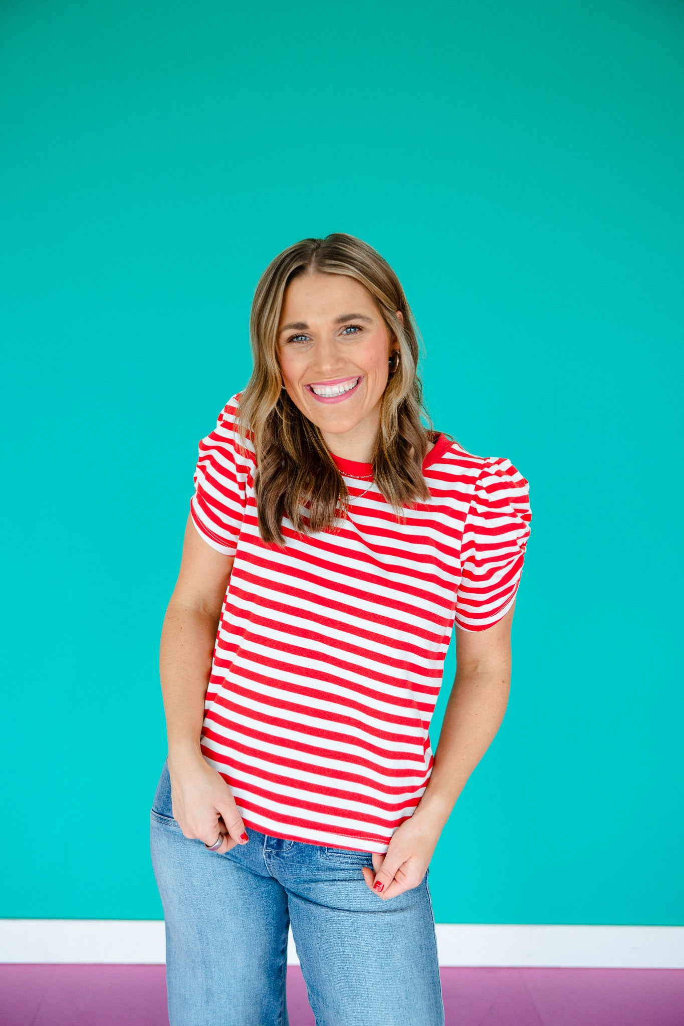 Chloe Ruched Sleeve Tee - True Red