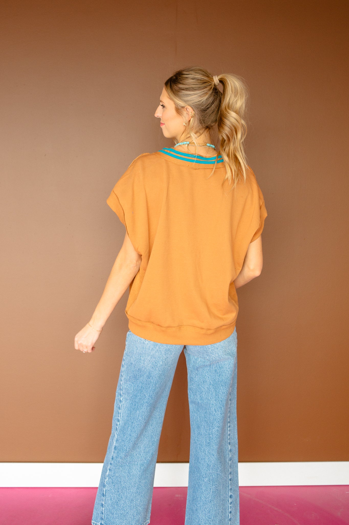 Jessica Oversized Button Down Vest - Cinnamon + Turqouise