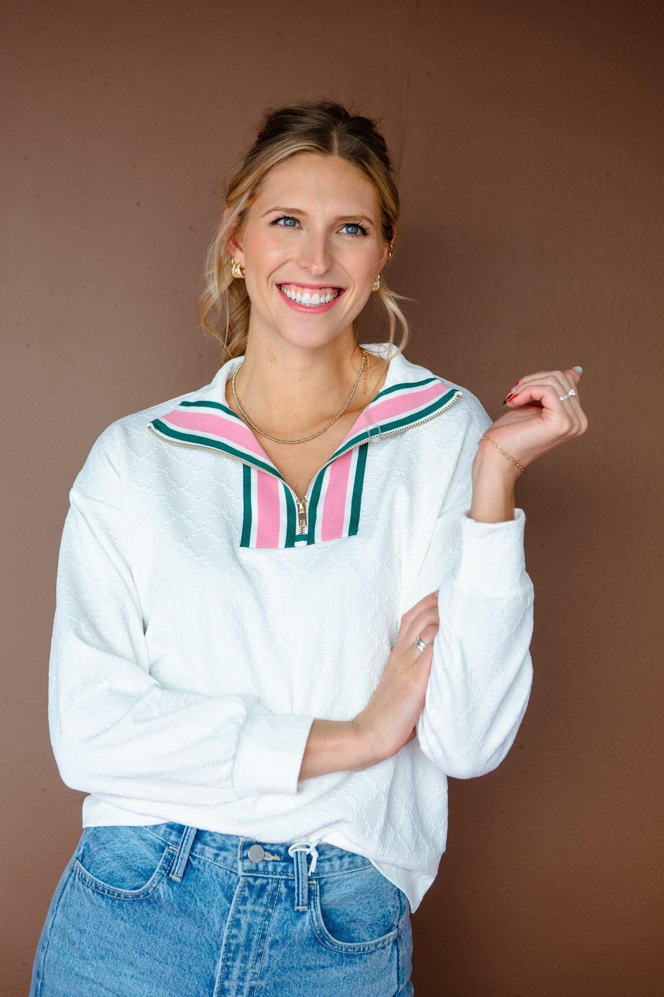 Valya Textured Half Zip Pullover - Cream + Shocking Pink