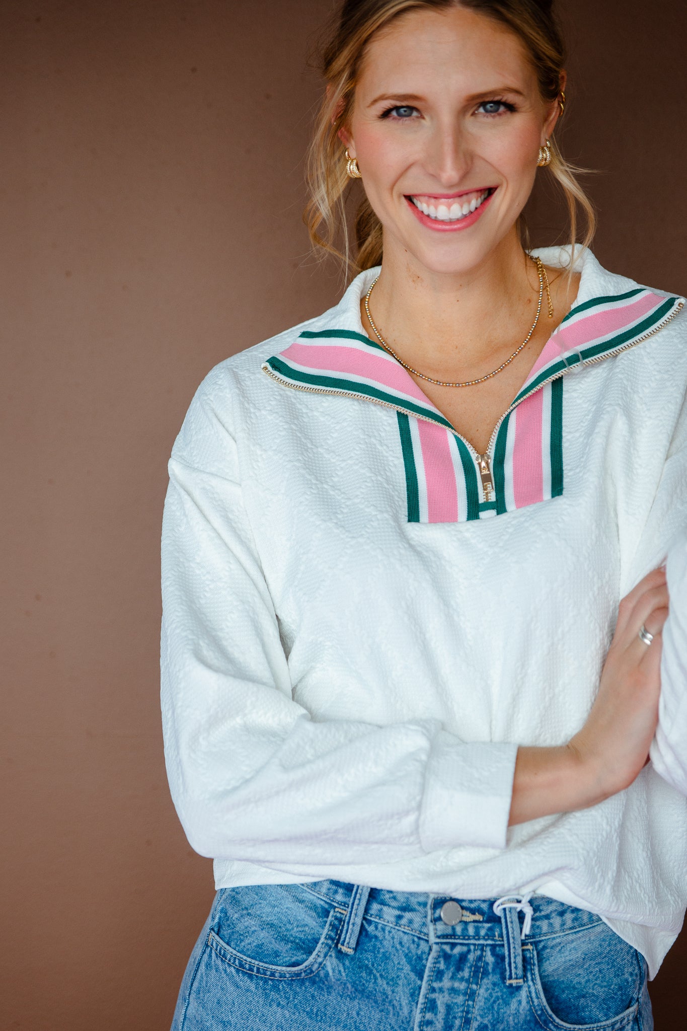 Valya Textured Half Zip Pullover - Cream + Shocking Pink