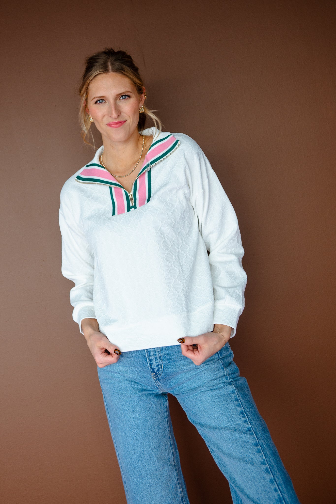 Valya Textured Half Zip Pullover - Cream + Shocking Pink