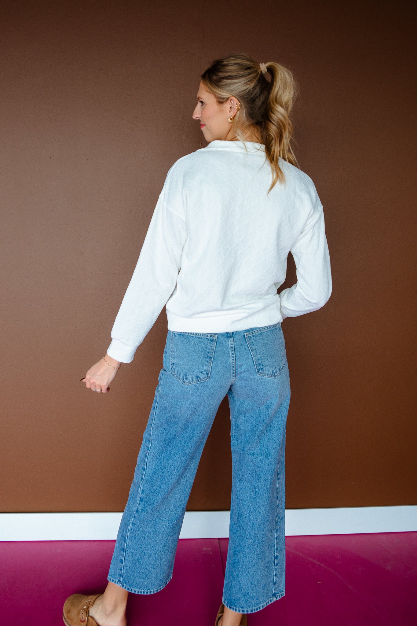 Valya Textured Half Zip Pullover - Cream + Shocking Pink