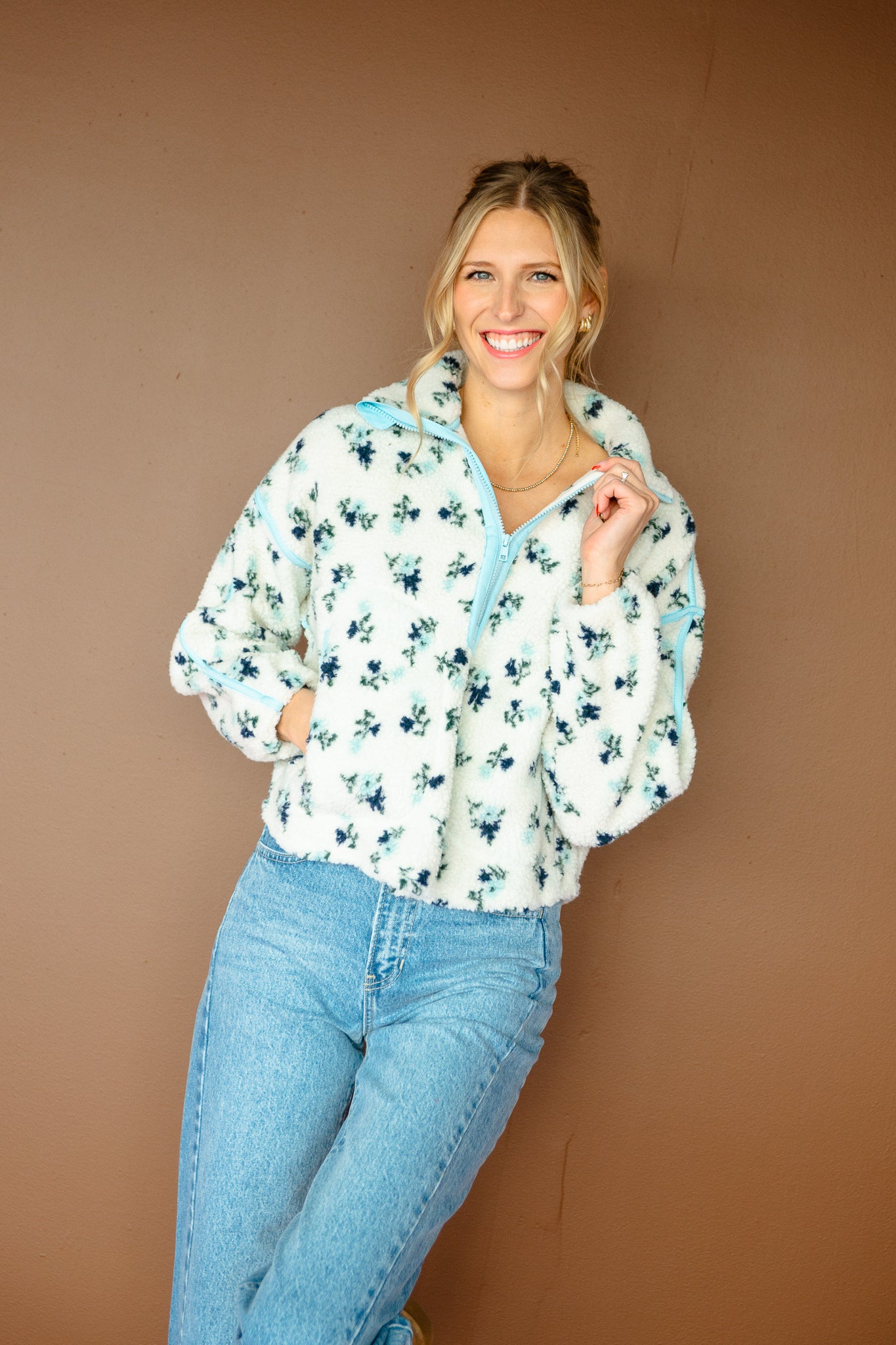 Sophie Fleece Pullover - Ivory + Bright Duck Egg
