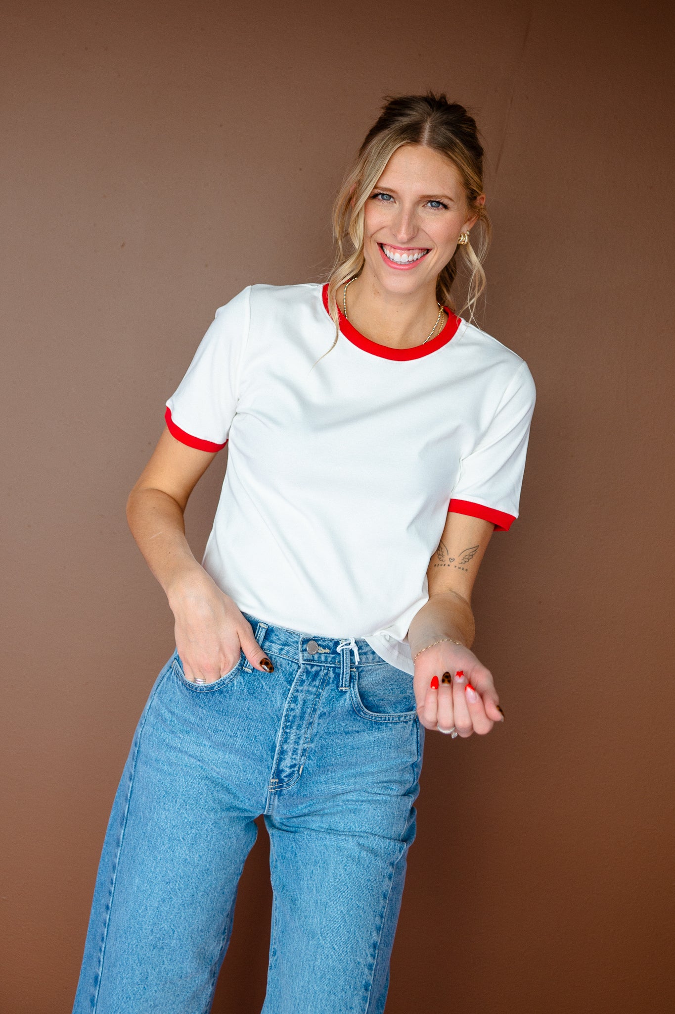 Zoey Basic Tee - Cream + True Red