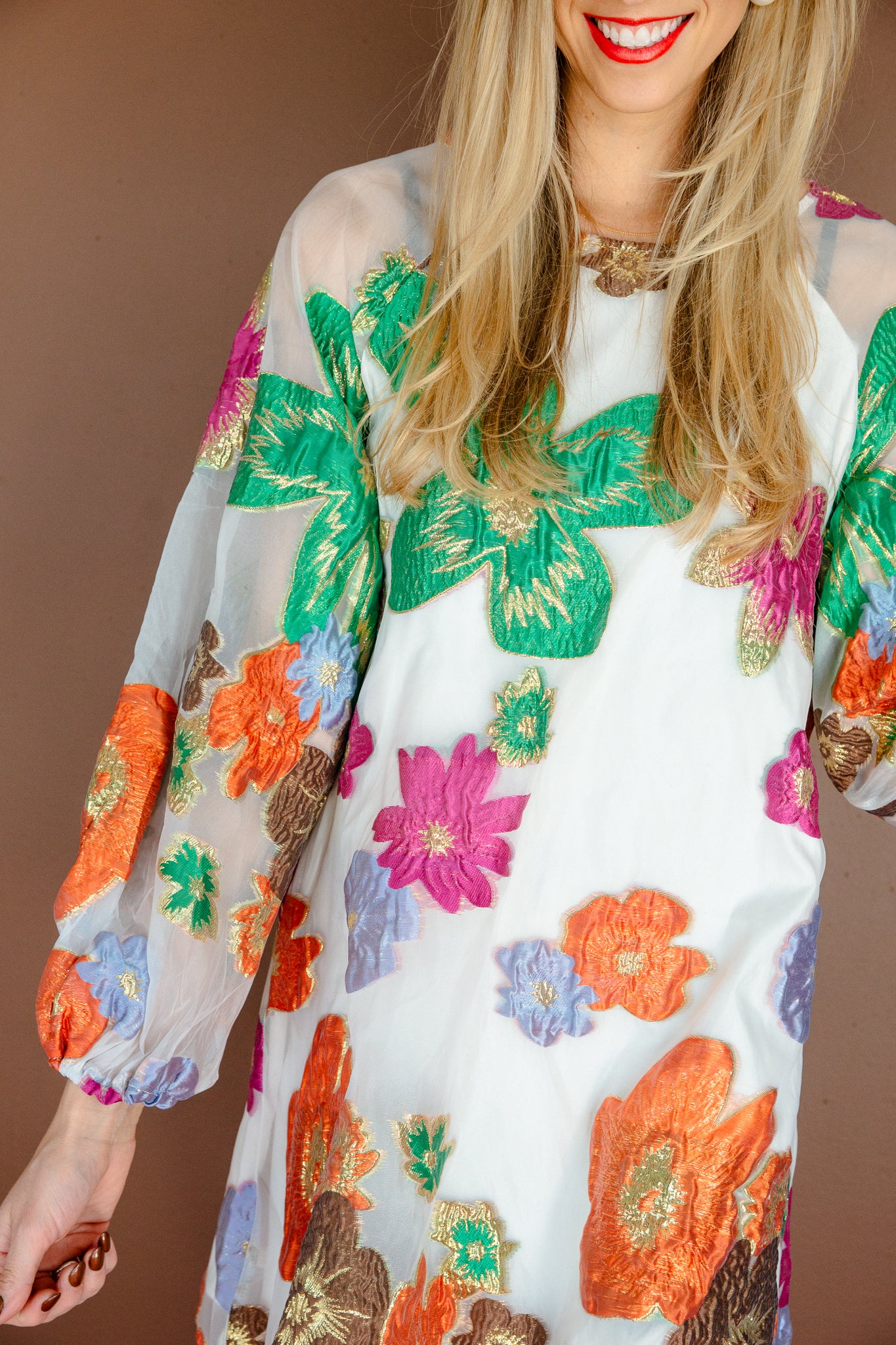 Felicia Bubble Sleeve Mini Dress - Oatmeal + Gold + Green