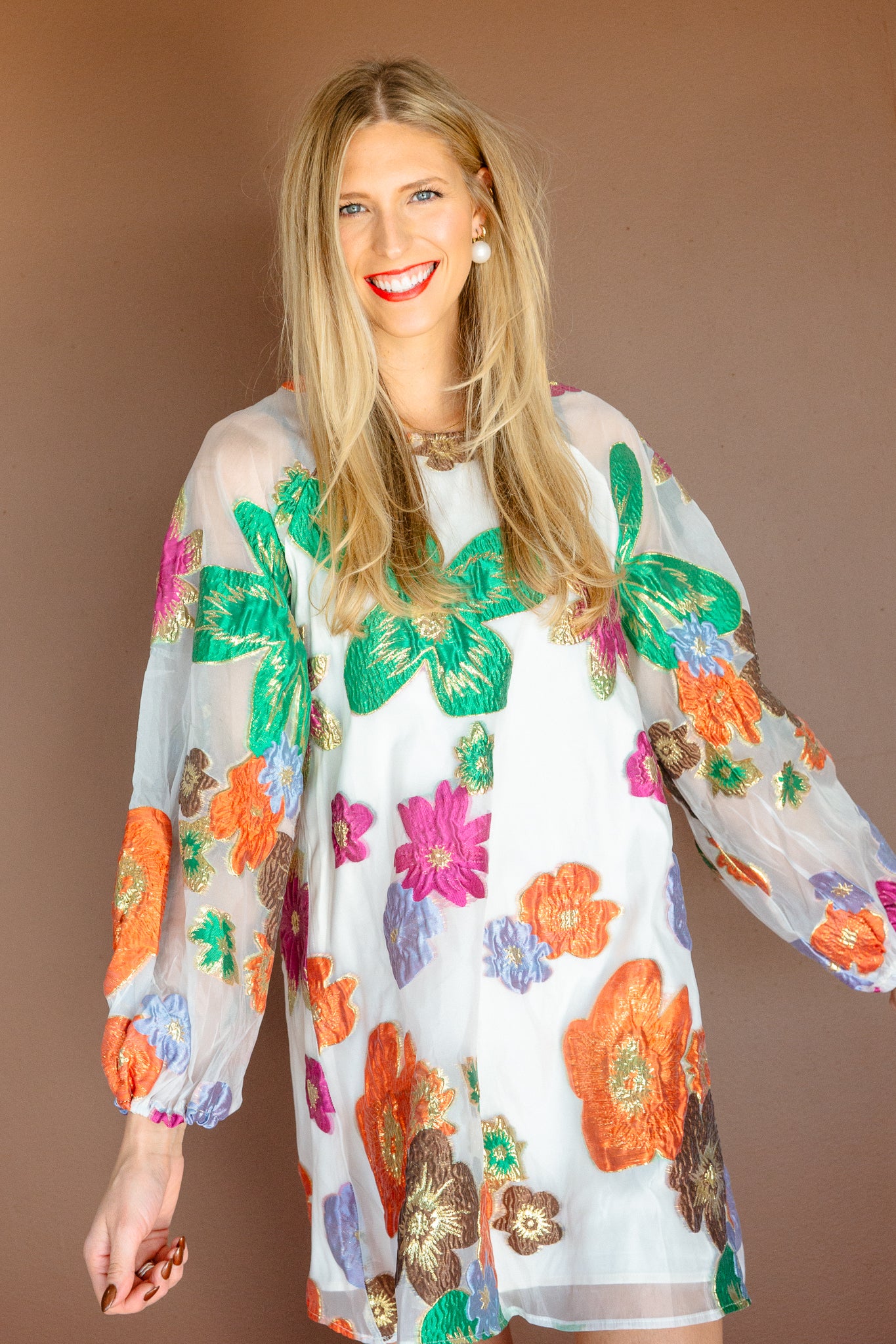 Felicia Bubble Sleeve Mini Dress - Oatmeal + Gold + Green