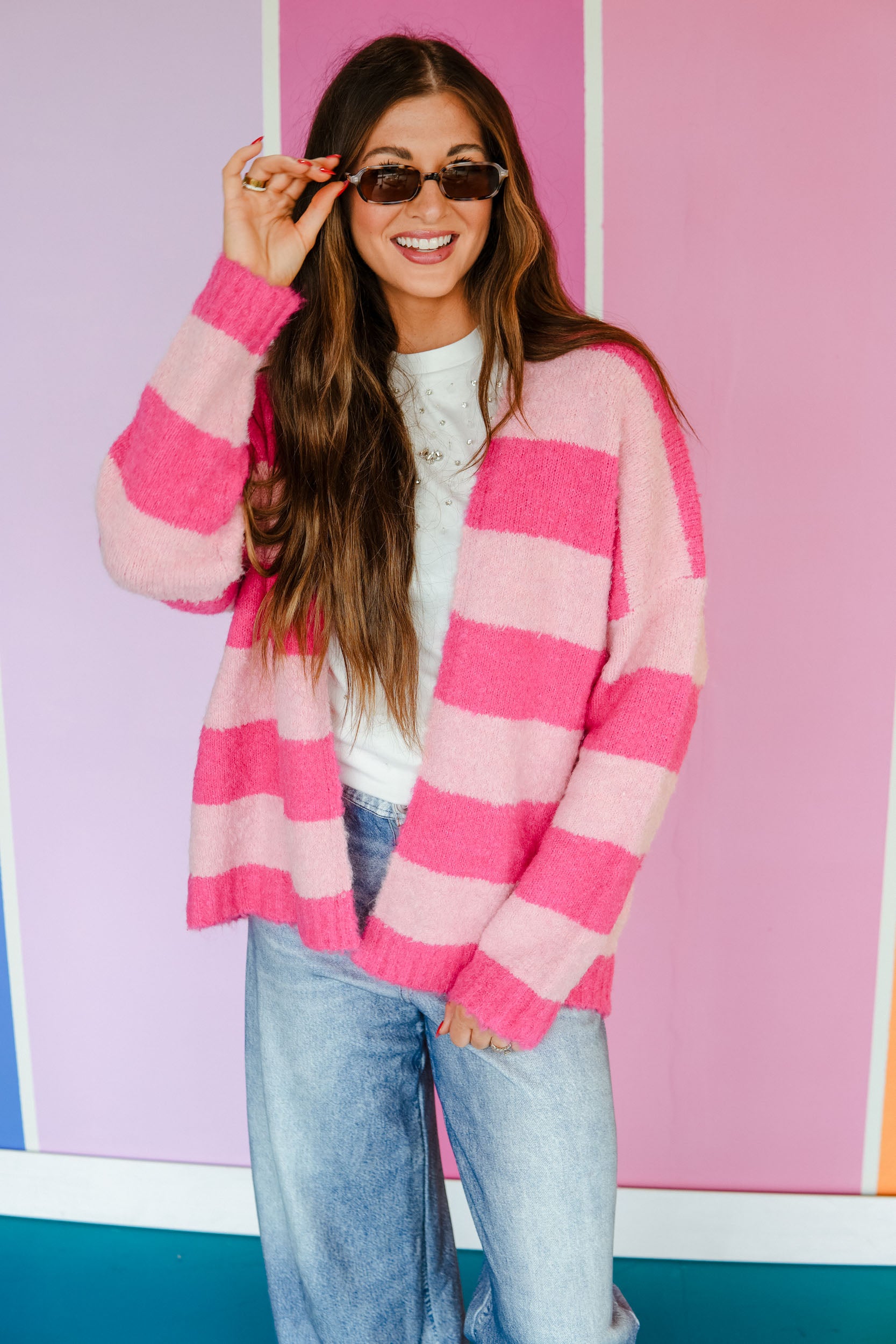 Crisp 'n Colorful Striped Cardigan - Raspberry + Powder Pink