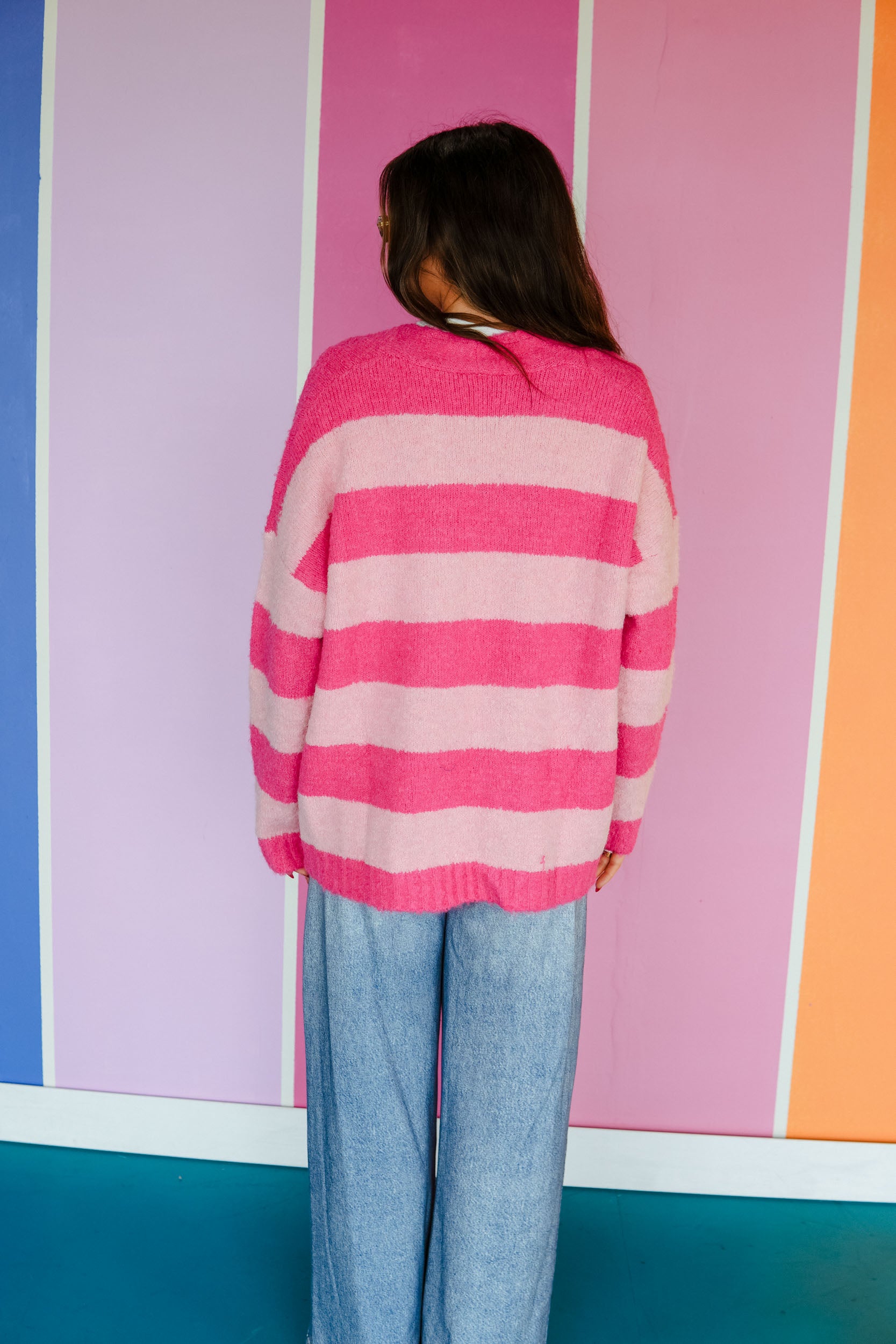 Crisp 'n Colorful Striped Cardigan - Raspberry + Powder Pink