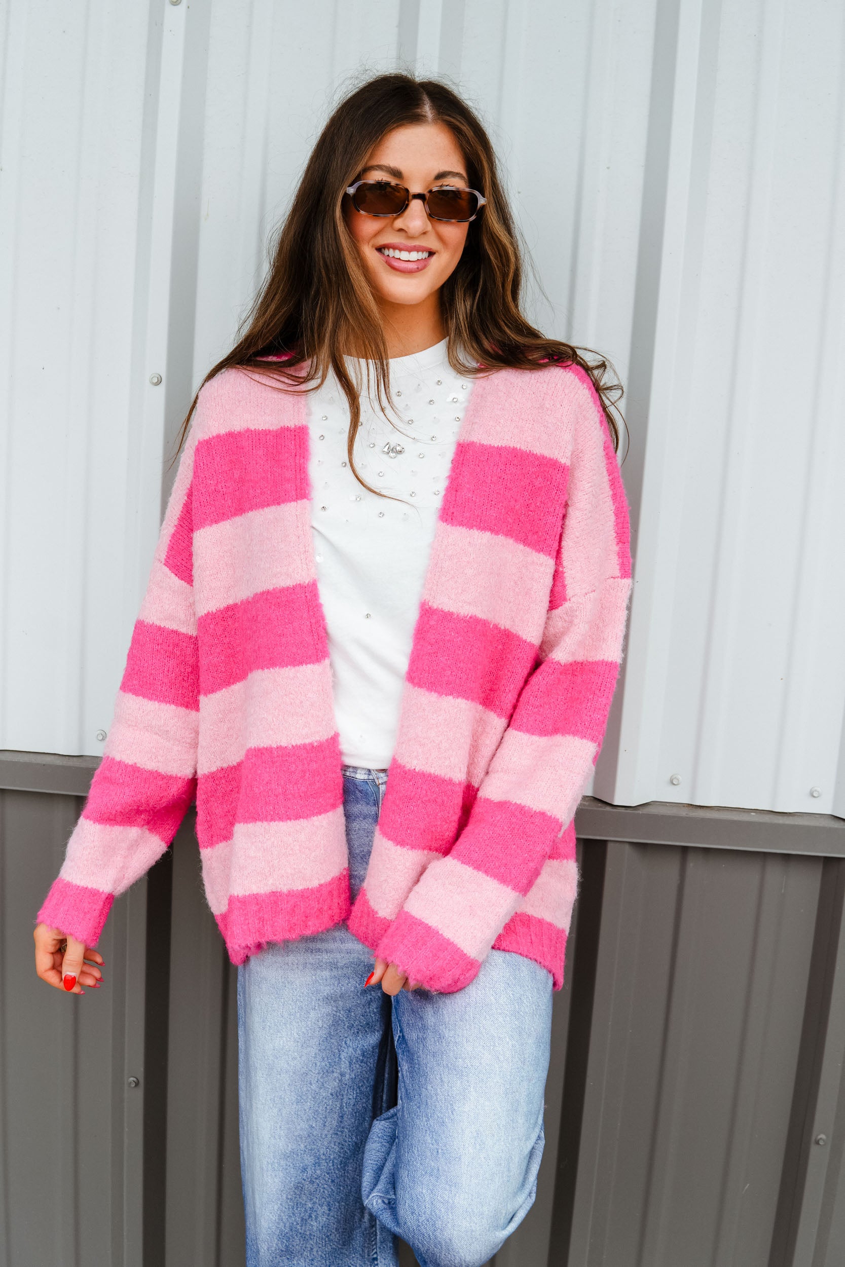 Crisp 'n Colorful Striped Cardigan - Raspberry + Powder Pink
