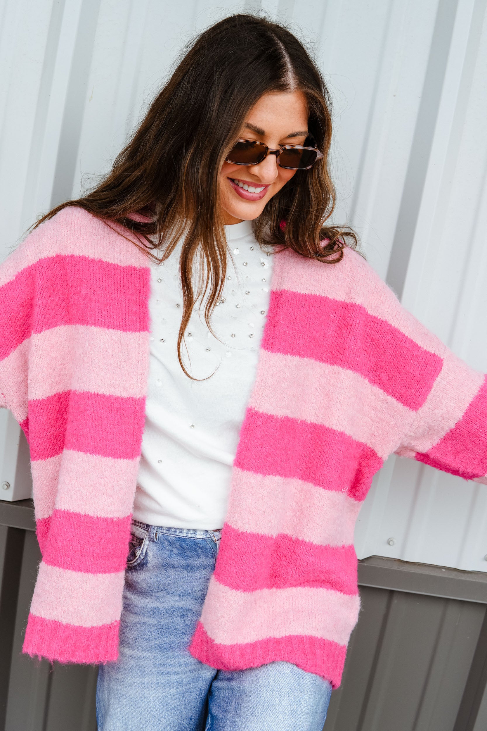 Crisp 'n Colorful Striped Cardigan - Raspberry + Powder Pink