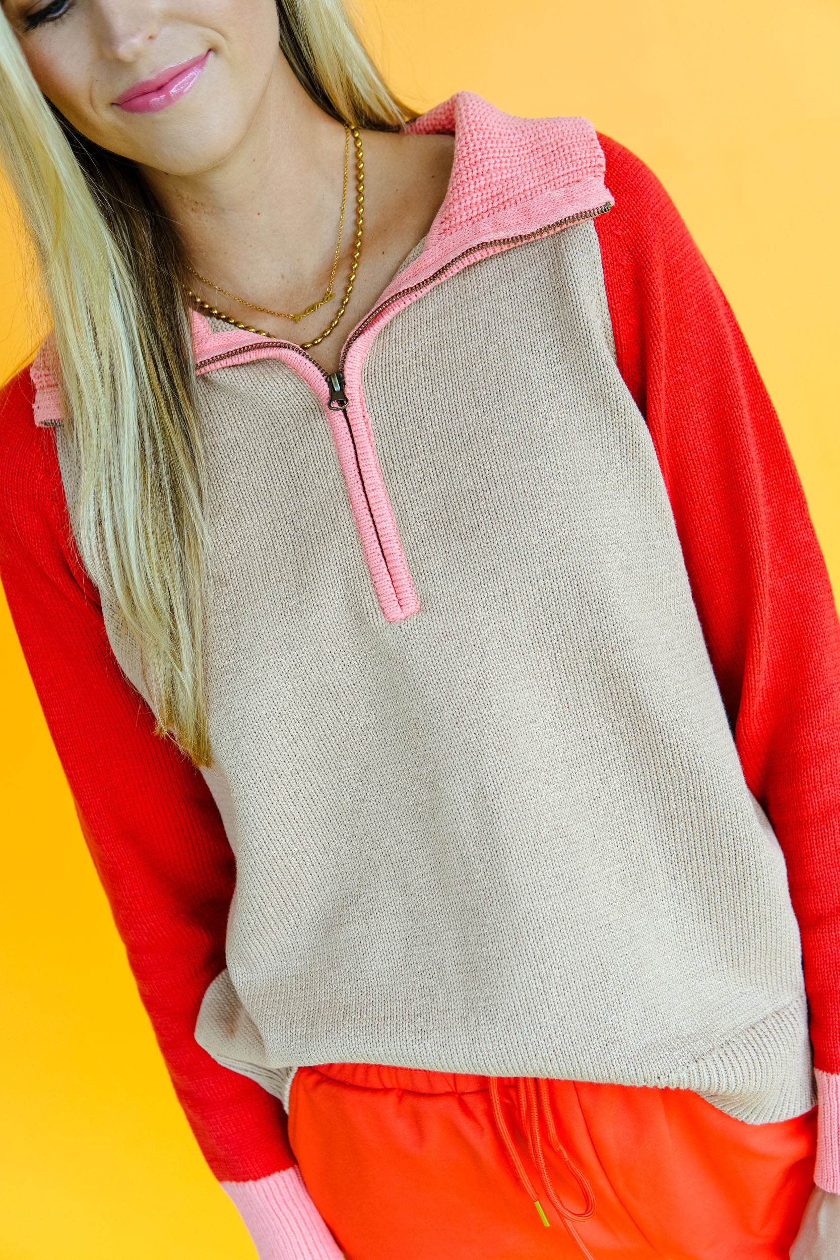 Pumpkin Please Quarter Zip Sweater - Geranium + Coral + Taupe