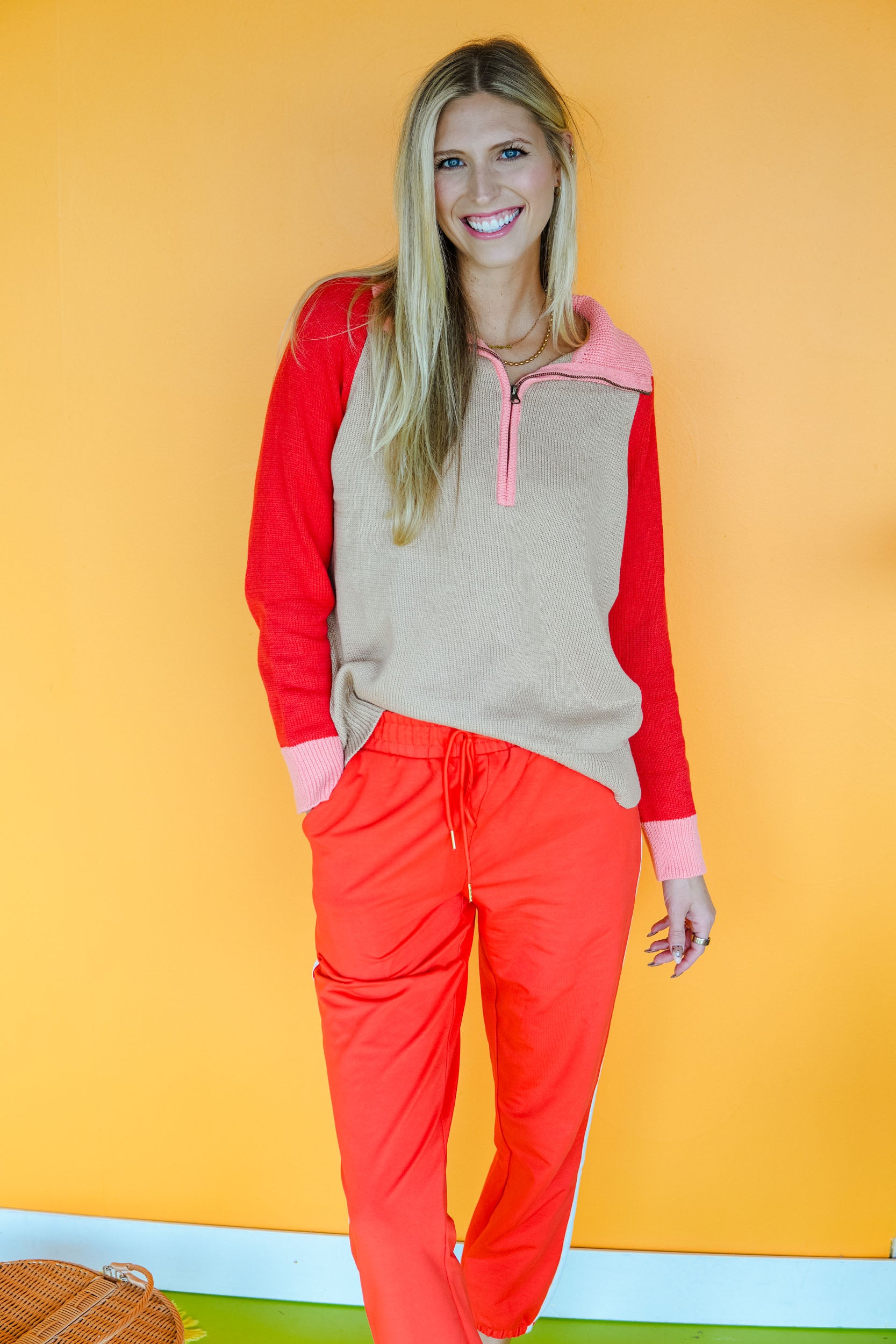 Pumpkin Please Quarter Zip Sweater - Geranium + Coral + Taupe
