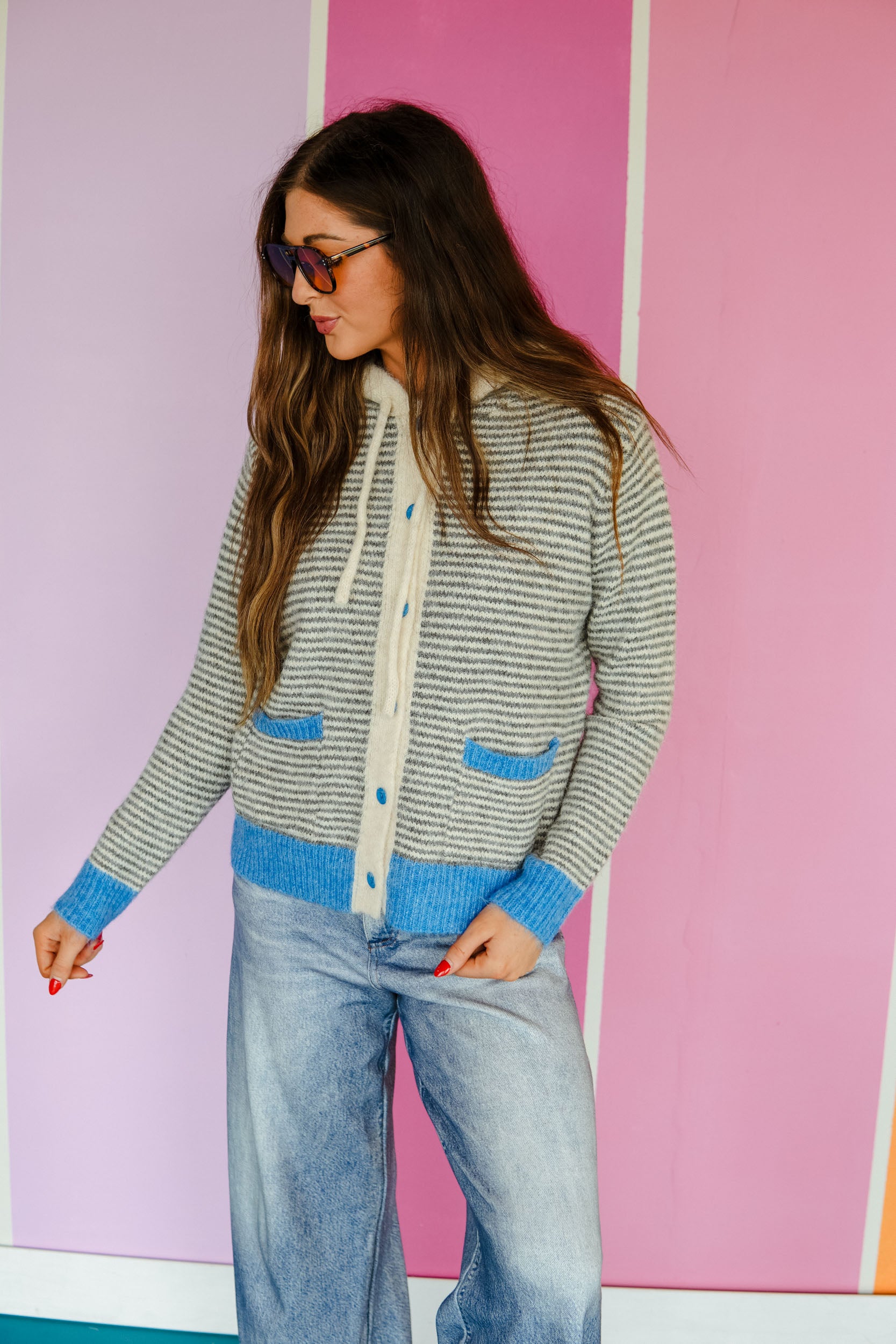 Out the Door Hooded Cardigan - Grey + Cream + Bright Blue