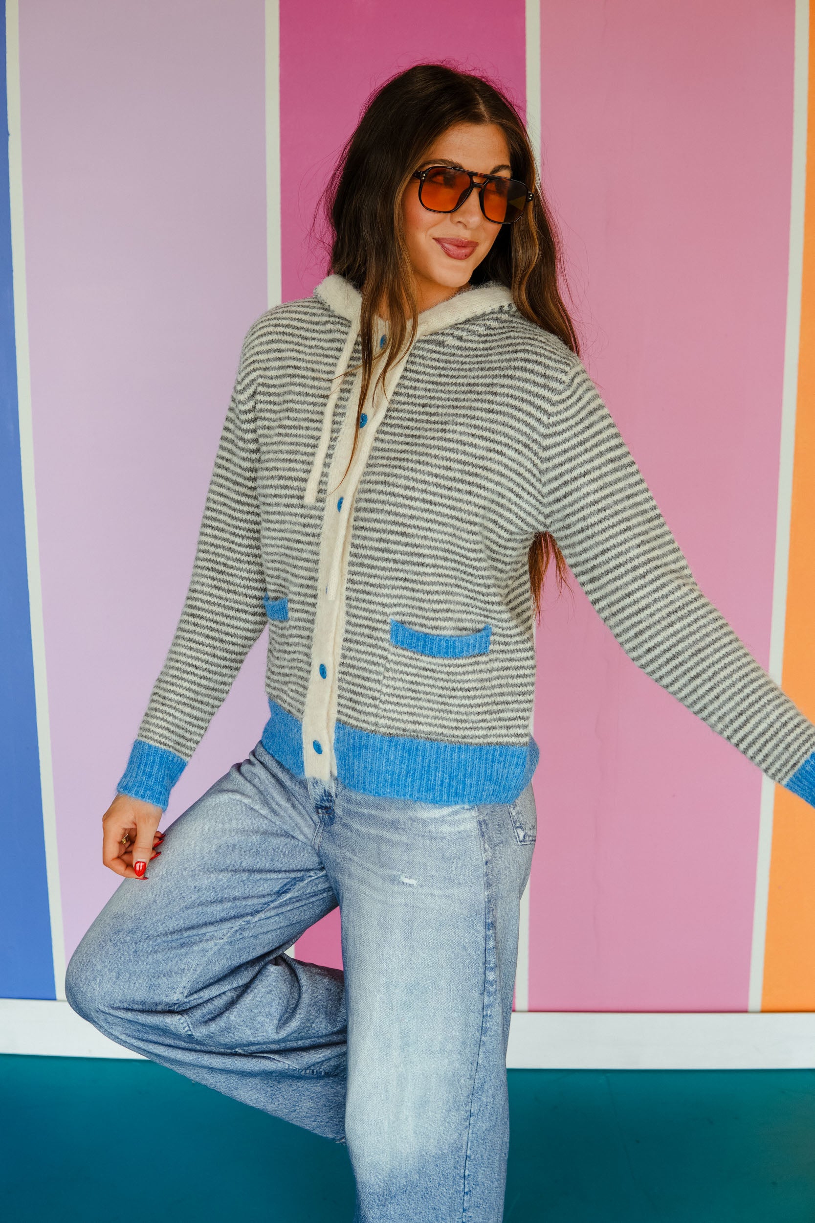 Out the Door Hooded Cardigan - Grey + Cream + Bright Blue