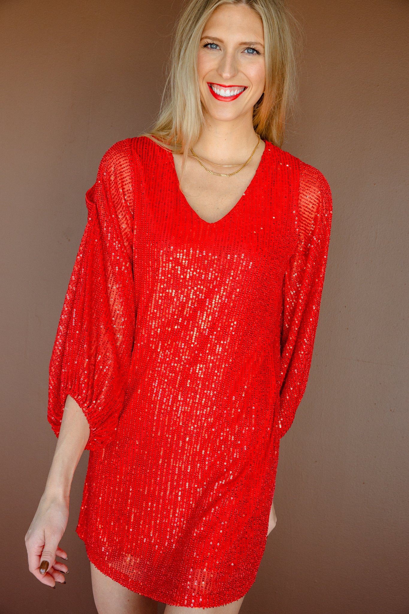 Danielle Balloon Sleeves Sequin Mini Dress - True Red