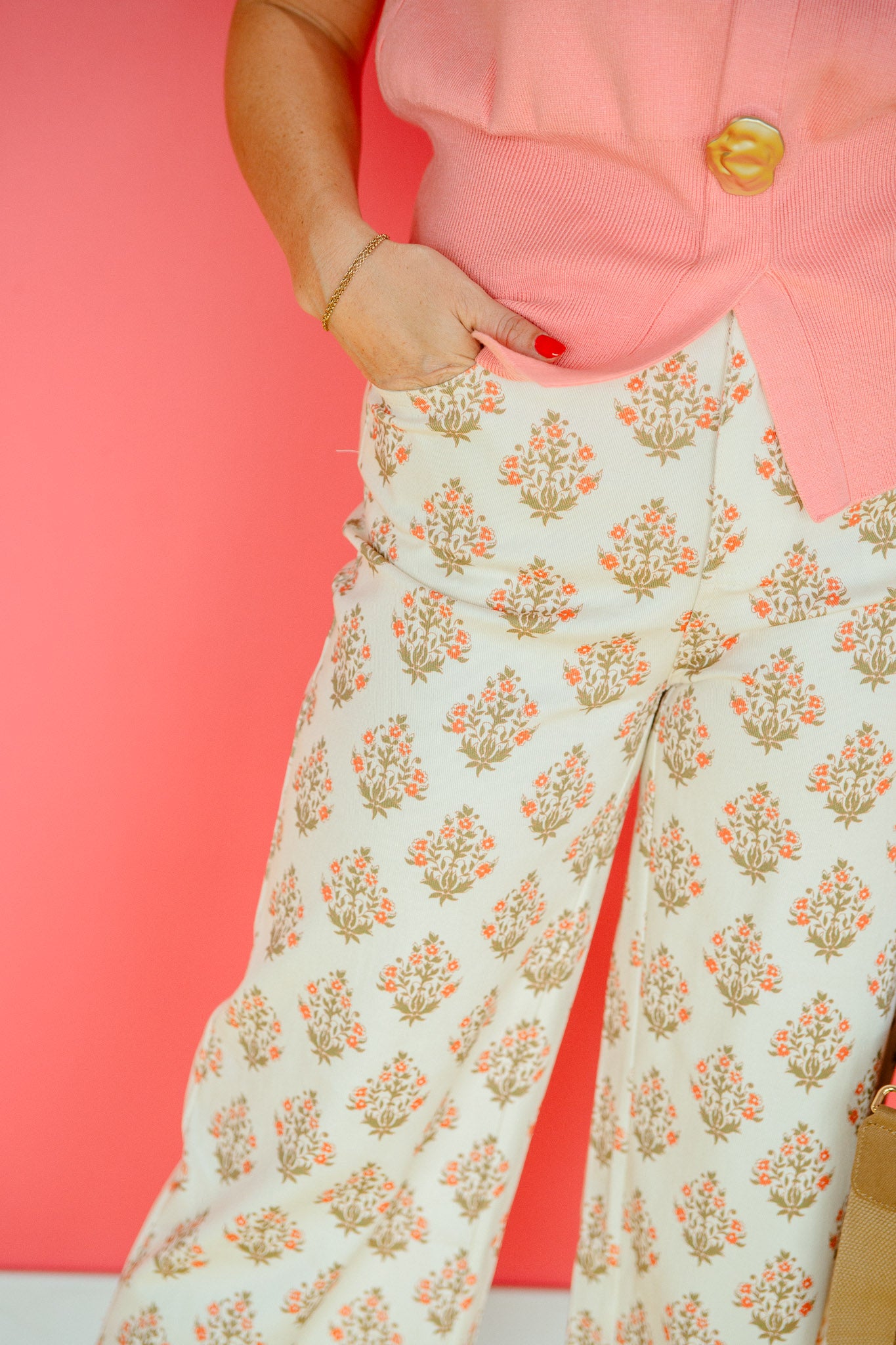 Tatum Printed Wide Leg Pants - Cream + Olive + Coral