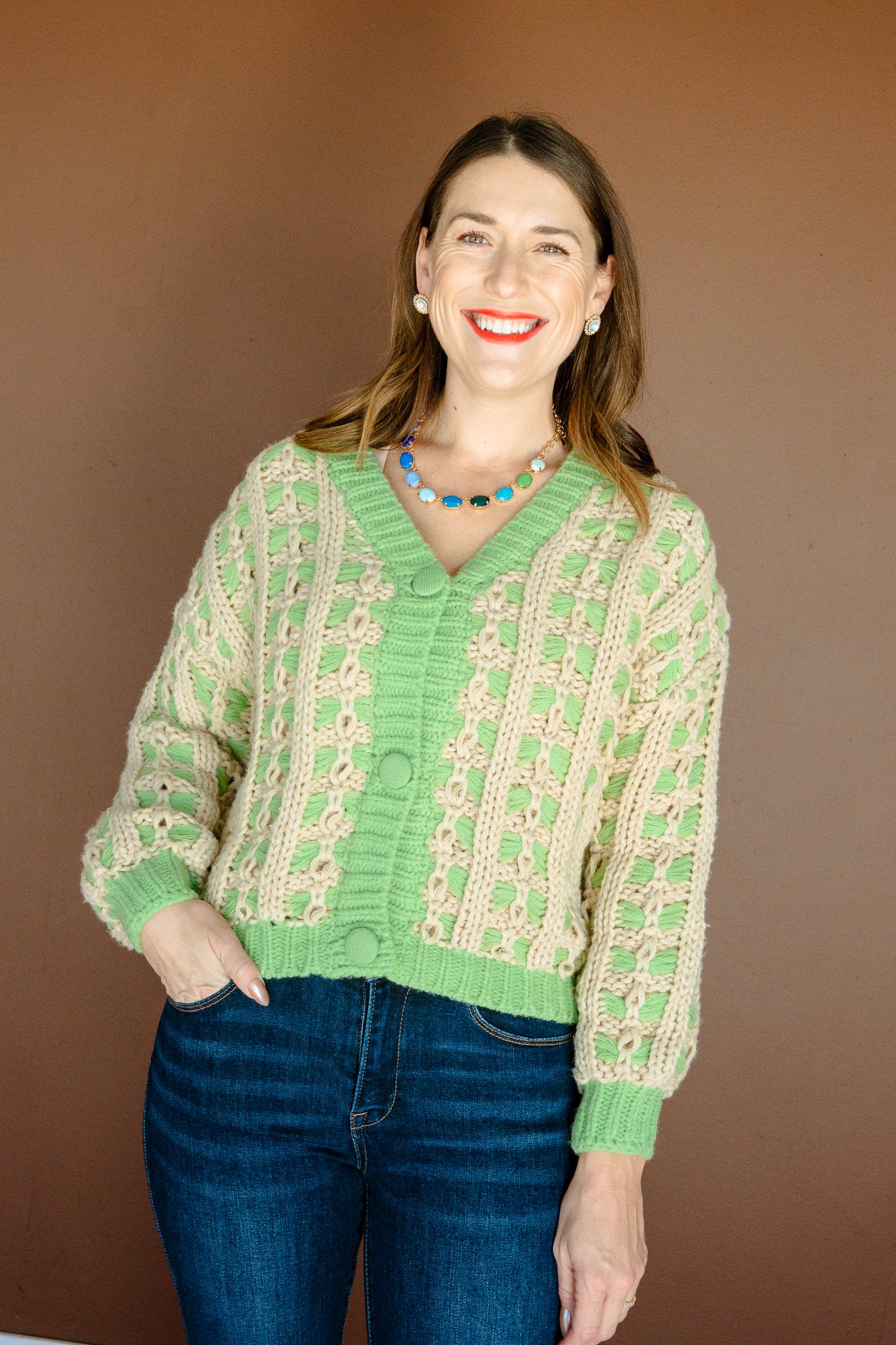 Kenzlie Lattice Knit Cardigan - Green + Beige