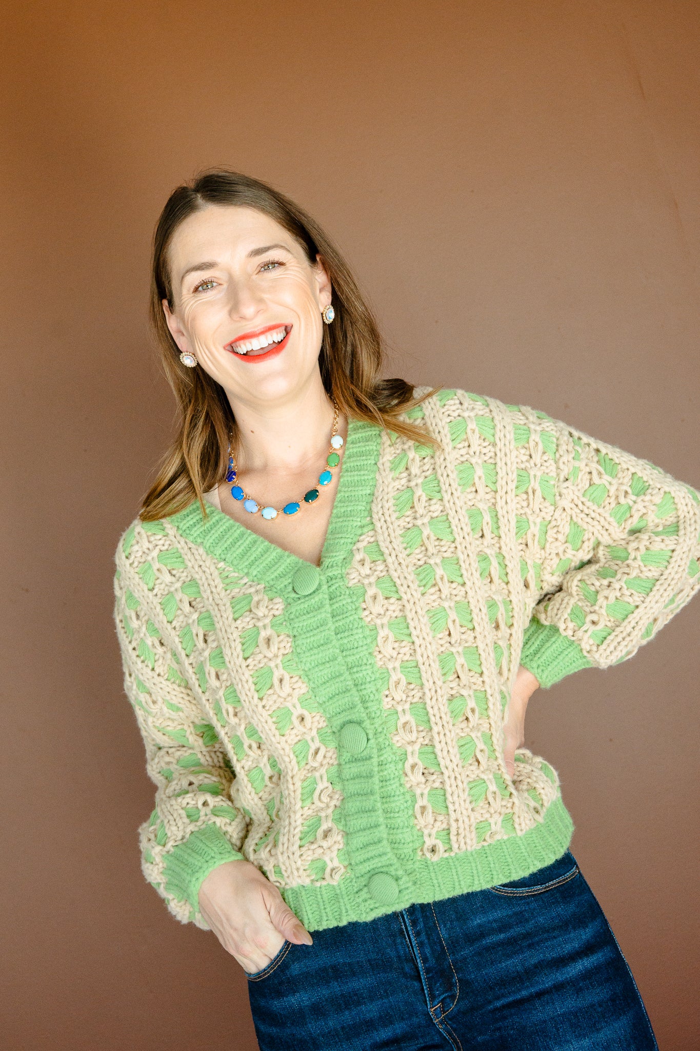 Kenzlie Lattice Knit Cardigan - Green + Beige