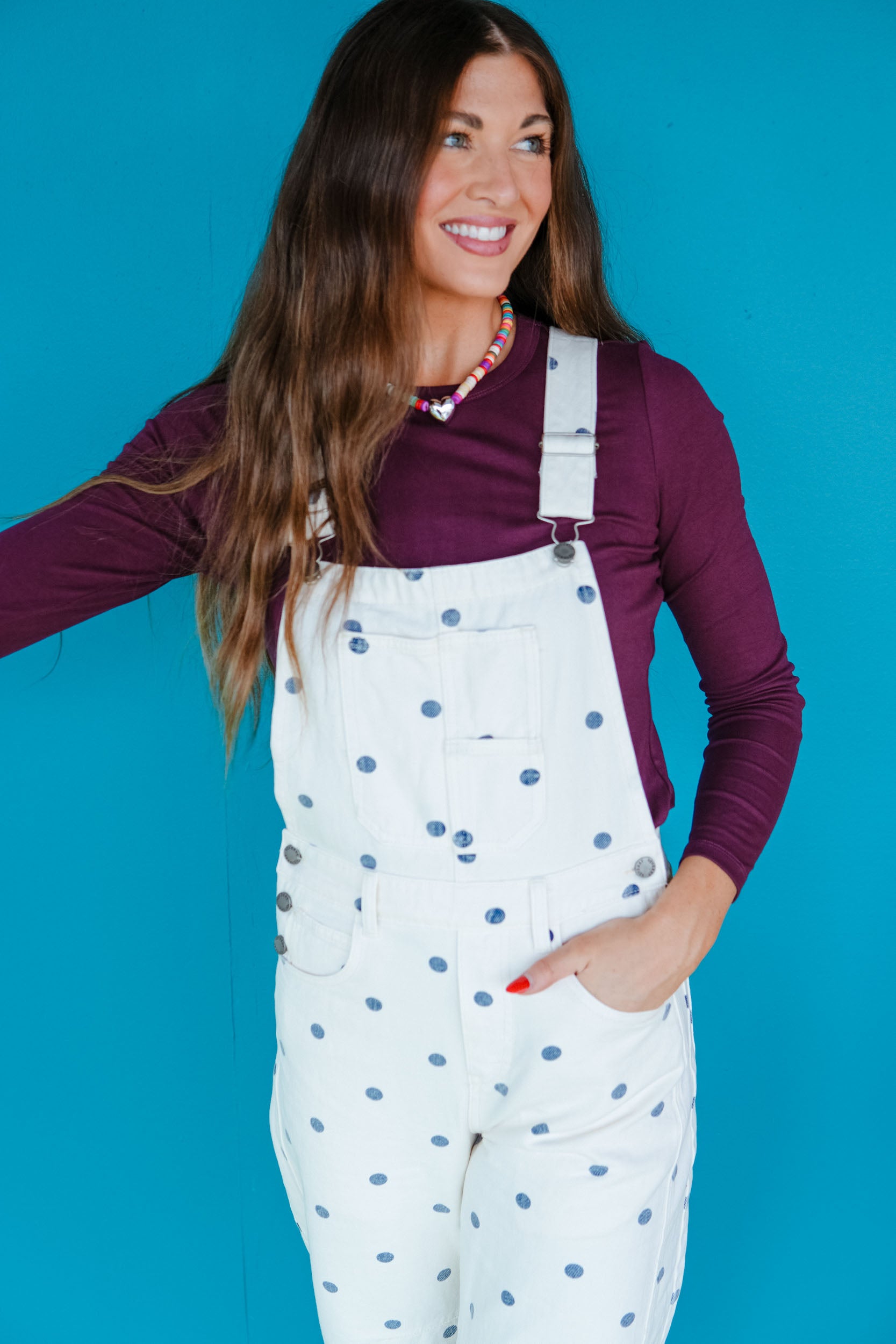 Just a Girl Polka Dot Overalls - Soft White + Blue