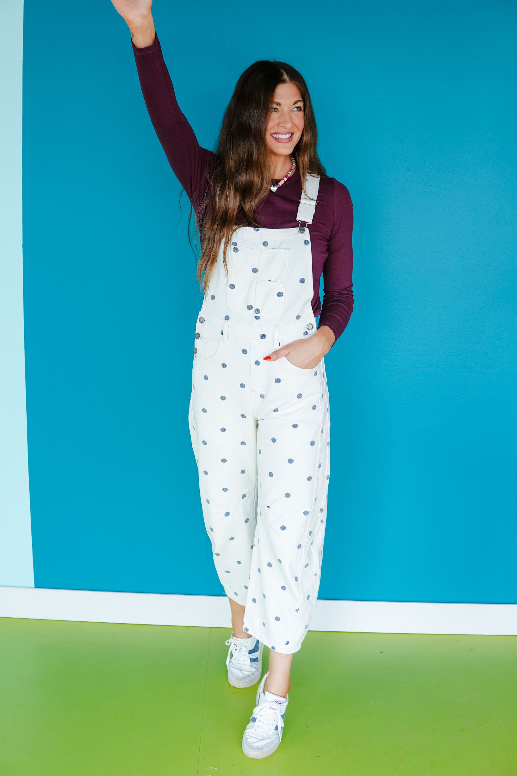 Just a Girl Polka Dot Overalls - Soft White + Blue