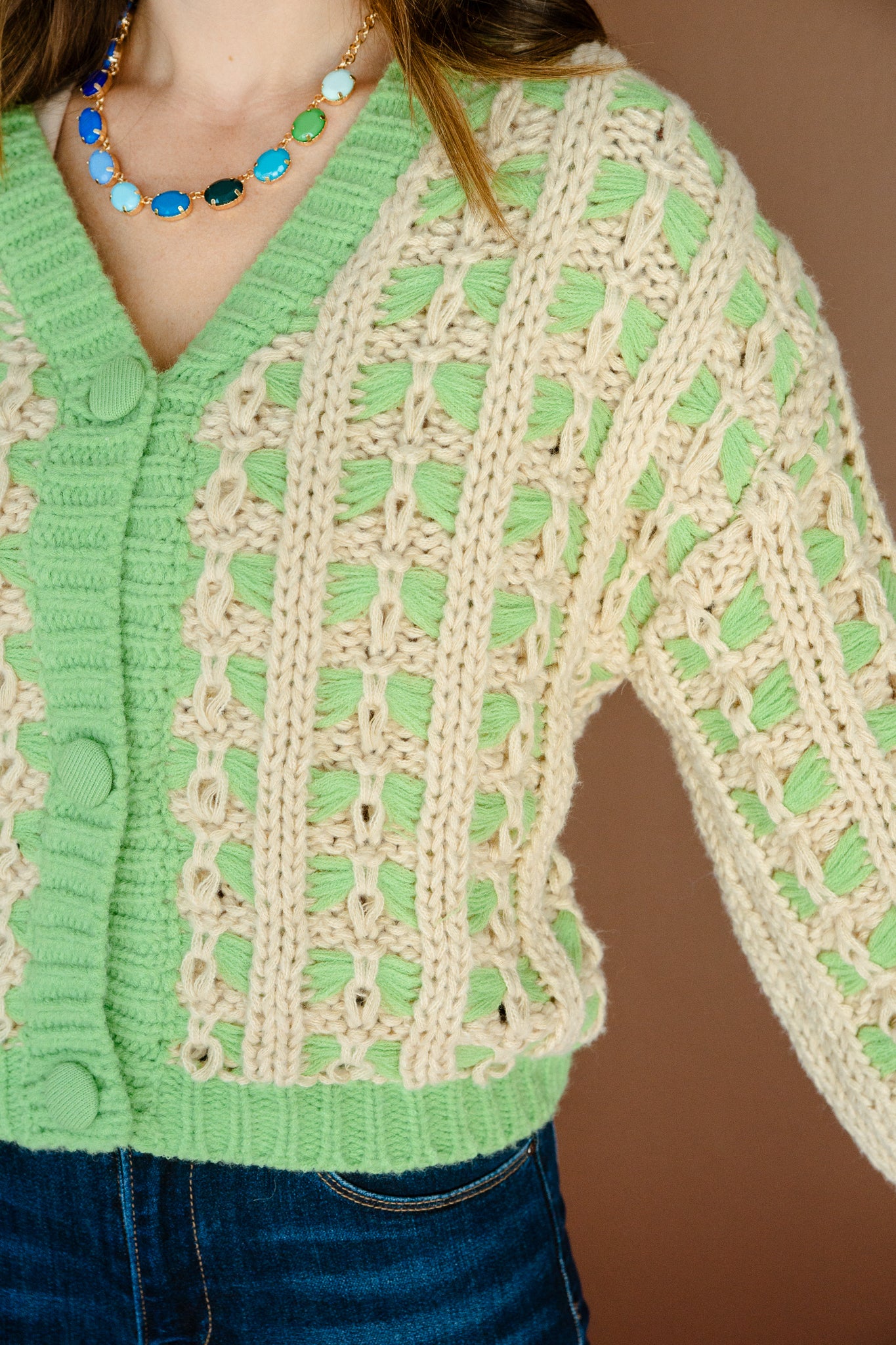 Kenzlie Lattice Knit Cardigan - Green + Beige