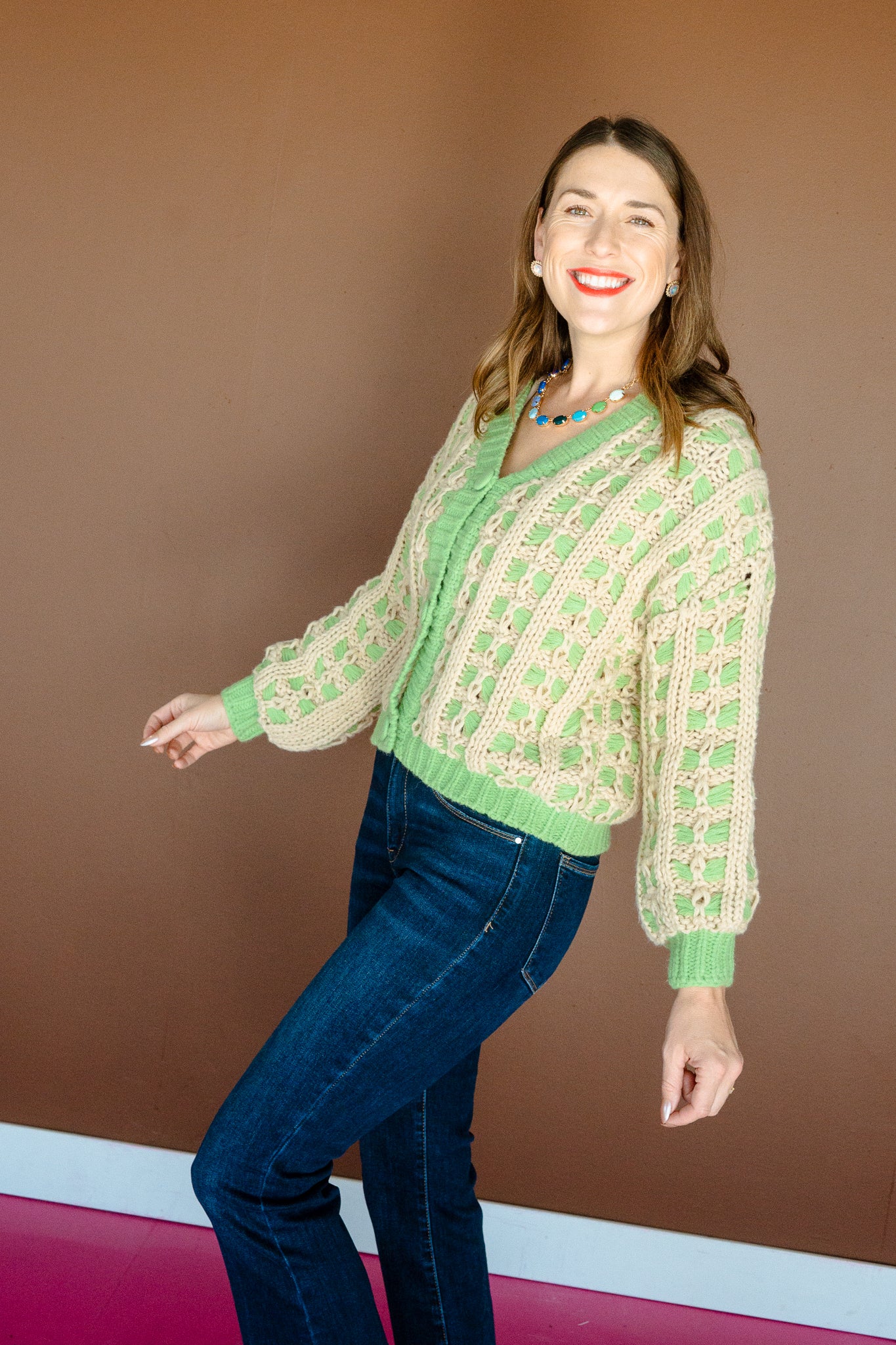 Kenzlie Lattice Knit Cardigan - Green + Beige